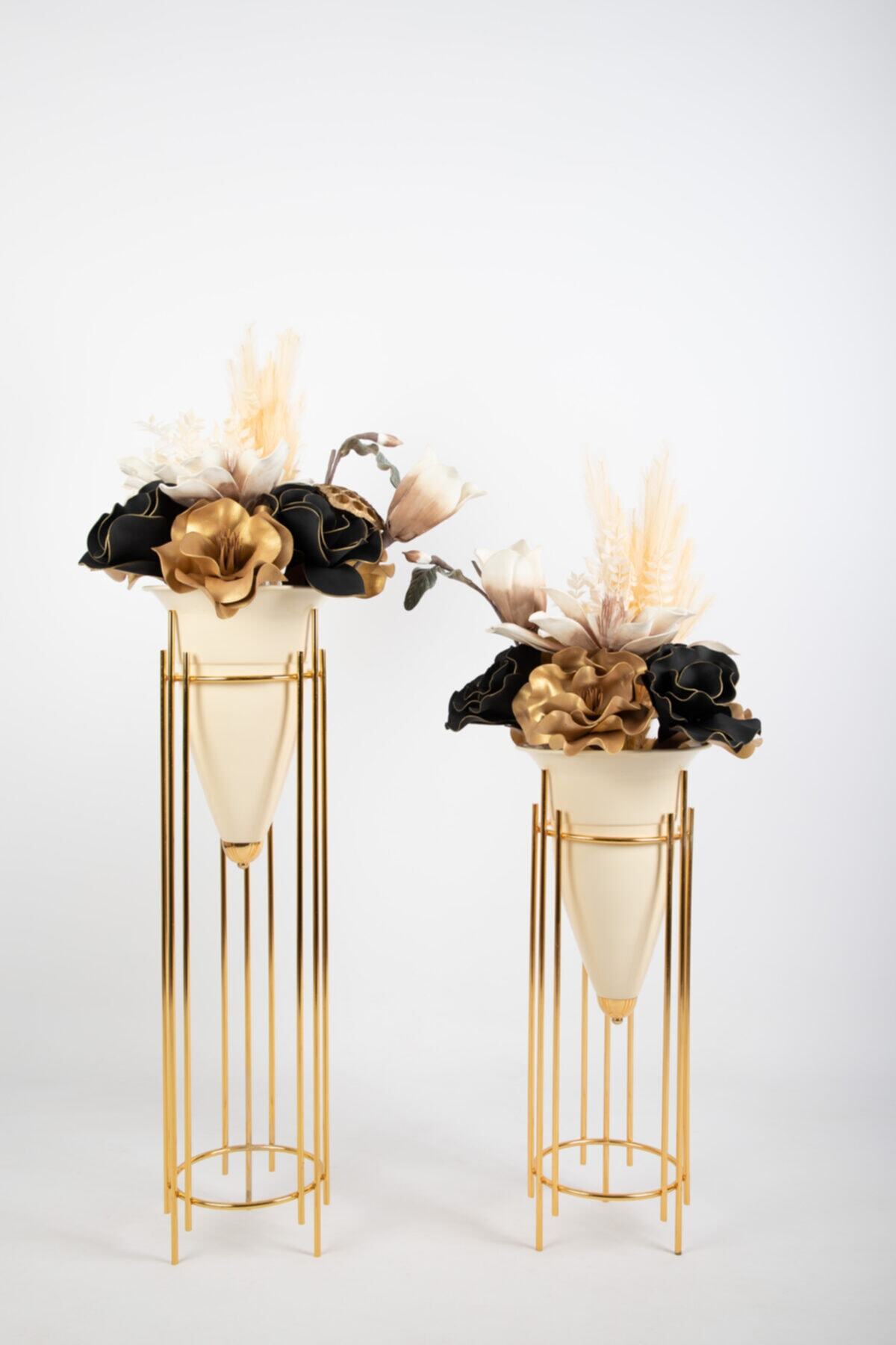 TDesign Krem Gold Ayaklı Uzun Saksı Yapay Lateks Çiçek Tanzim Aranjman