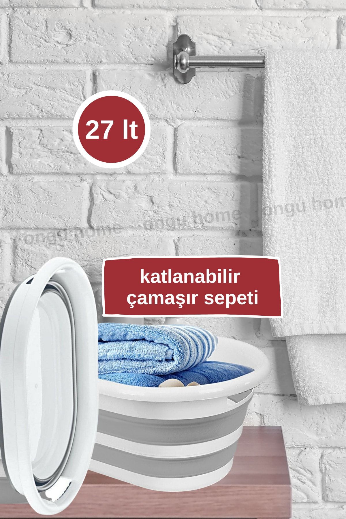 ongu home Katlanabilir Çamaşır Sepeti Çamaşır Selesi 27 Litre Beyaz