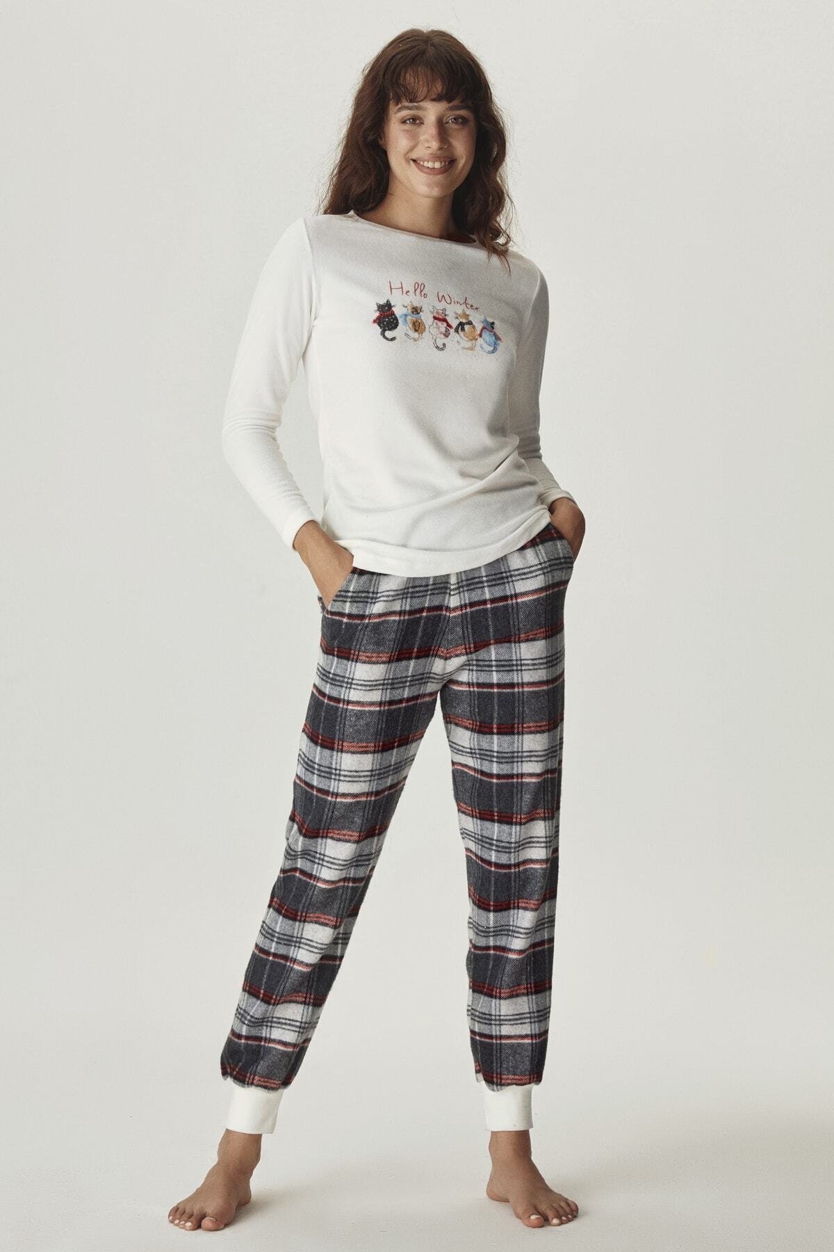 Pamuk & Pamuk Gri Ekose Kedi Baskılı Pijama Takımı