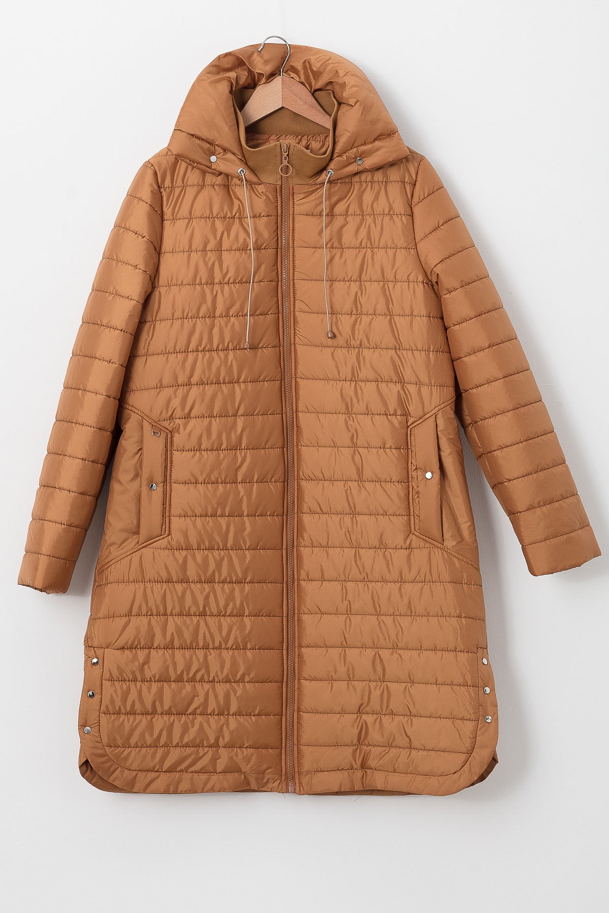 Nihan , Yanı Çtı Çıt Detaylı Büyük Beden Kapitone Kaban Hardal