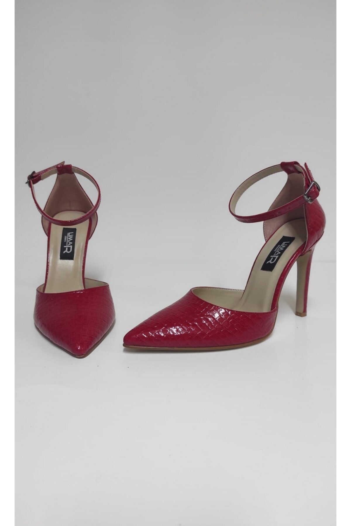 Lİmar Shoes Limar Kırmızı Yılan Derisi Desenli Stiletto Sivri Burun Kadın Topuklu Ayakkabı
