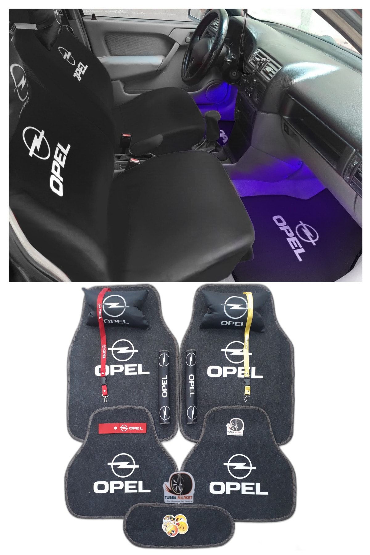 TUSBA MARKET Opel Siyah Oto Servis Kılıf Seti | Siyah Oto Halı Paspas & Siyah Yastık Kemer Pedi | Oto Aksesuar