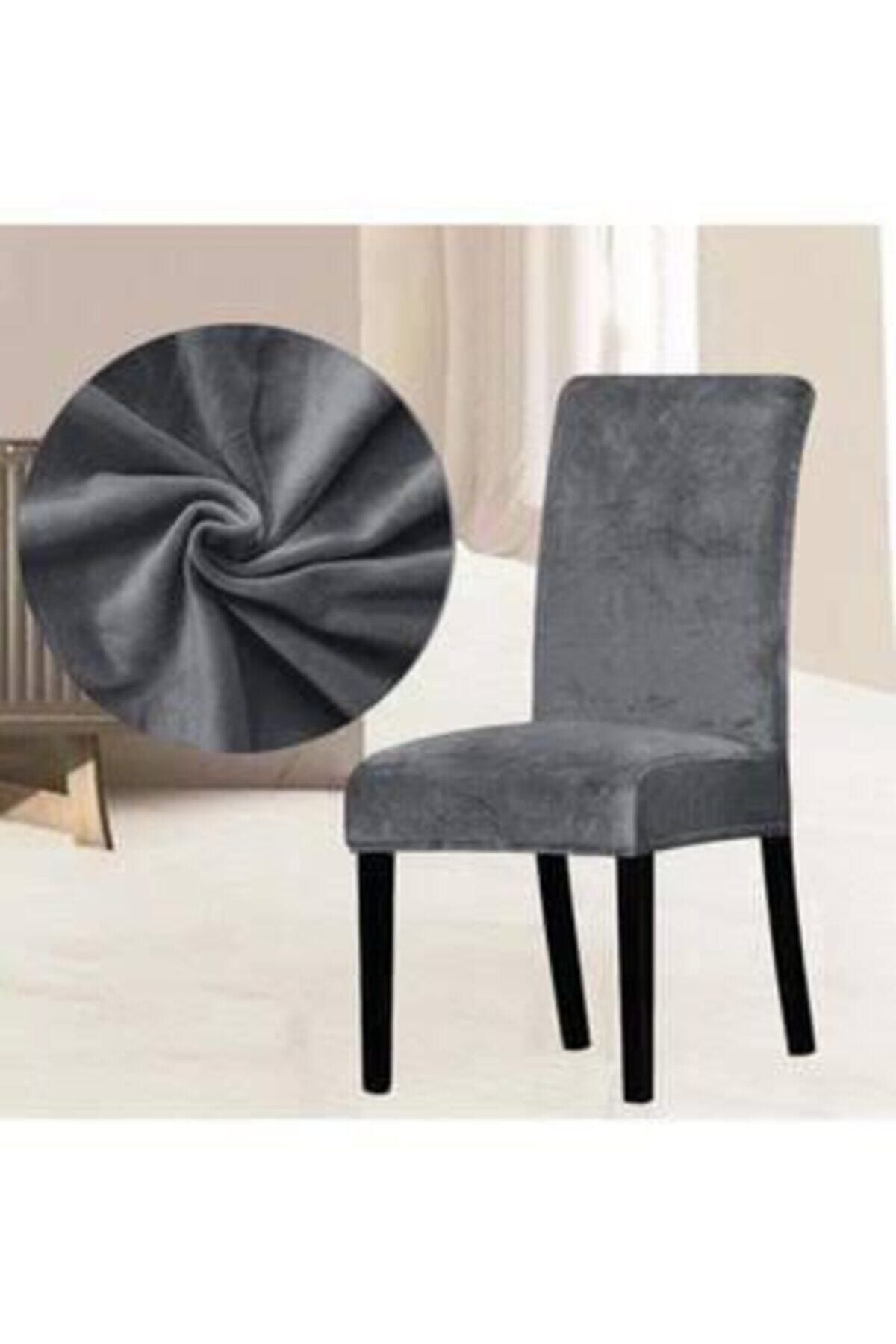 Işık Tekstil Kadife Sandalye Kılıfı 6 Adet Koyu Gri