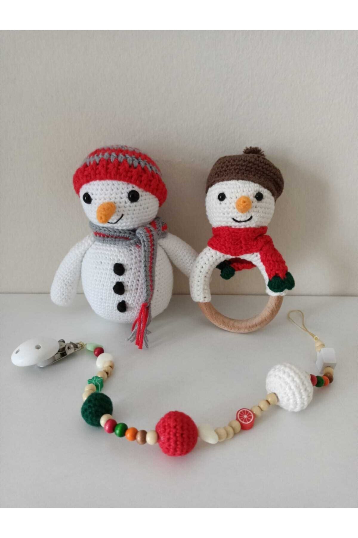 mediionline Organik Örgü Amigurumi Oyuncak Uyku Arkadaşı ve Oyun Arkadaşı ,Diş Kaşıyıcı,emzik Zinciri 3'lü Set