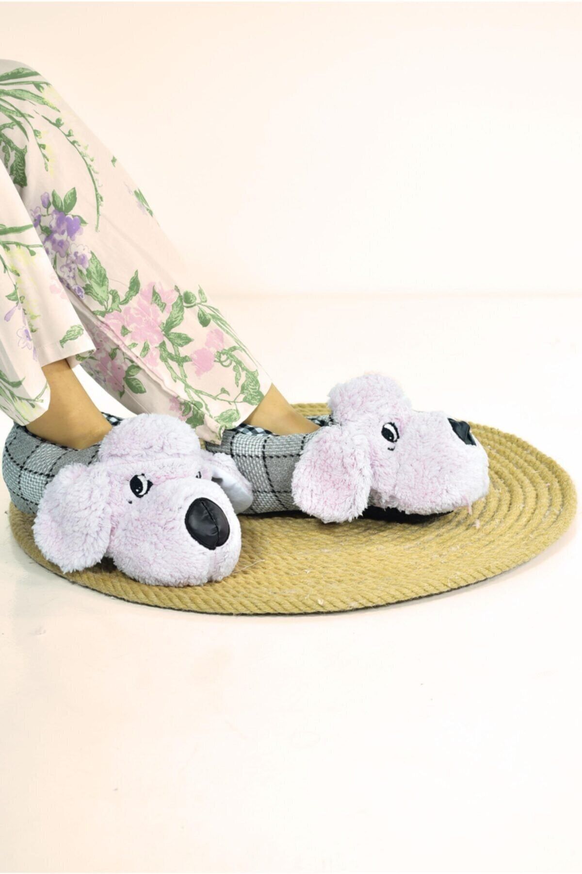 Pimody Unisex Gri Ekoseli Hayvanlı Peluş Panduf