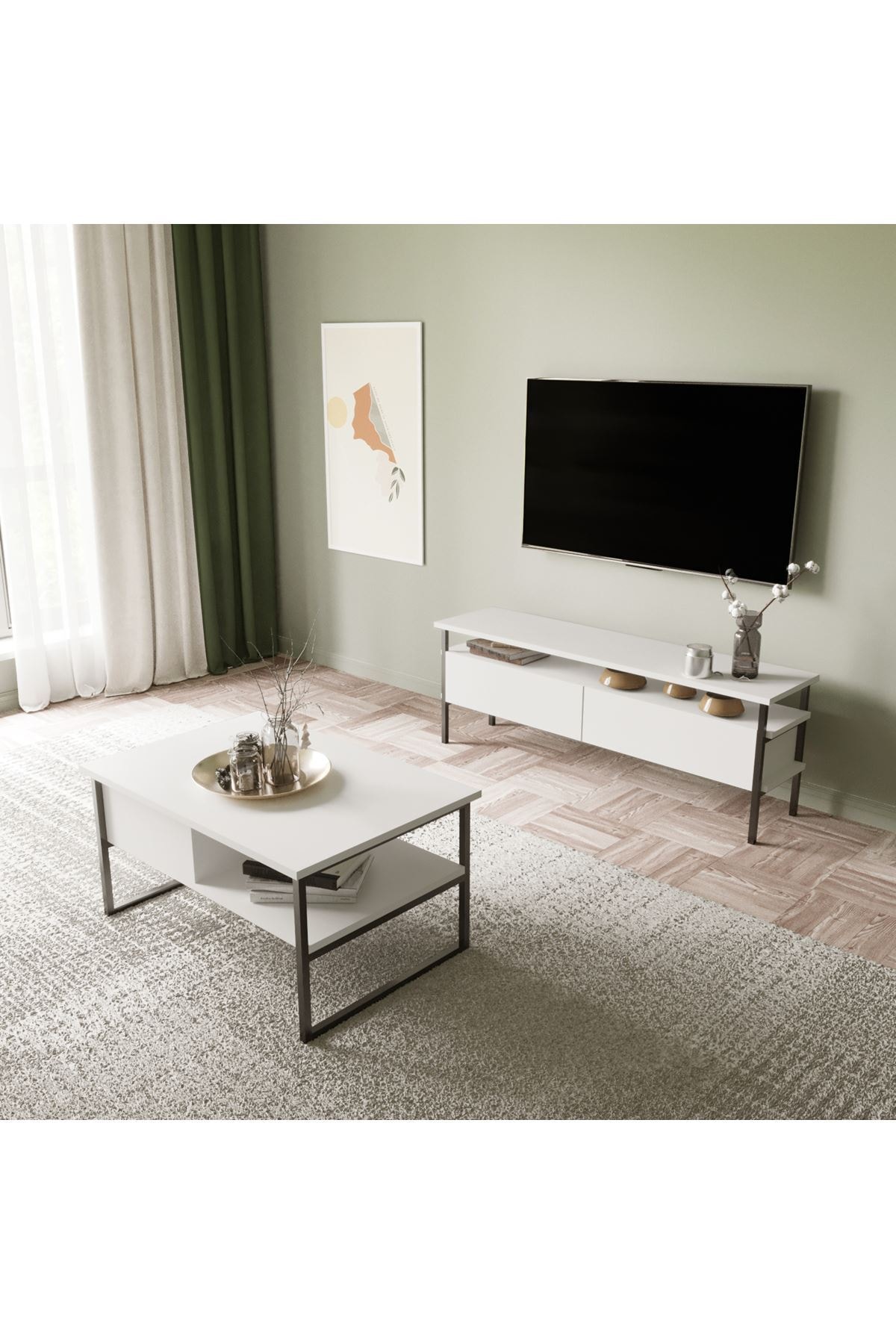 YUVAMDİZAYN Burak Tv Sehpası Ve Orta Sehpa Beyaz 140 X 50 X 40