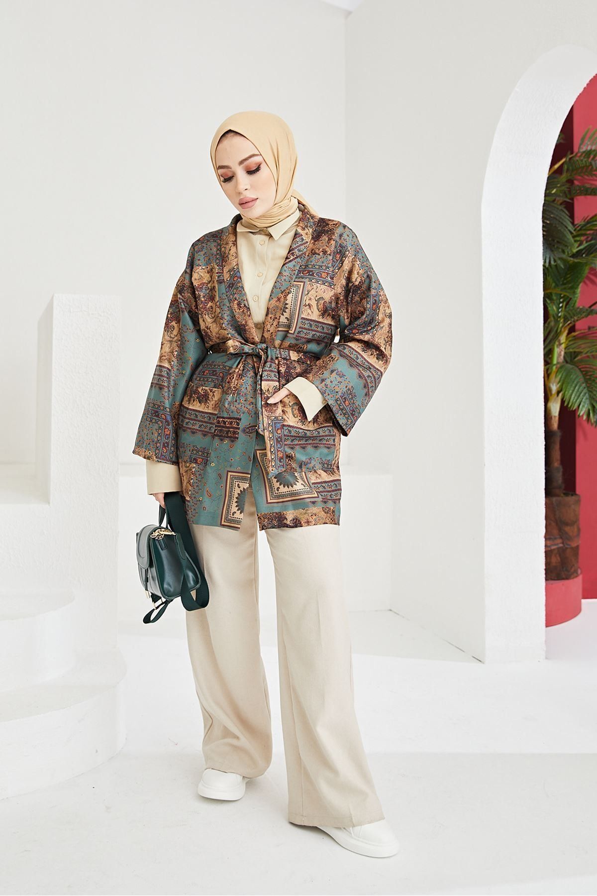 Azademoda Şal Desen Kuşaklı Ceket