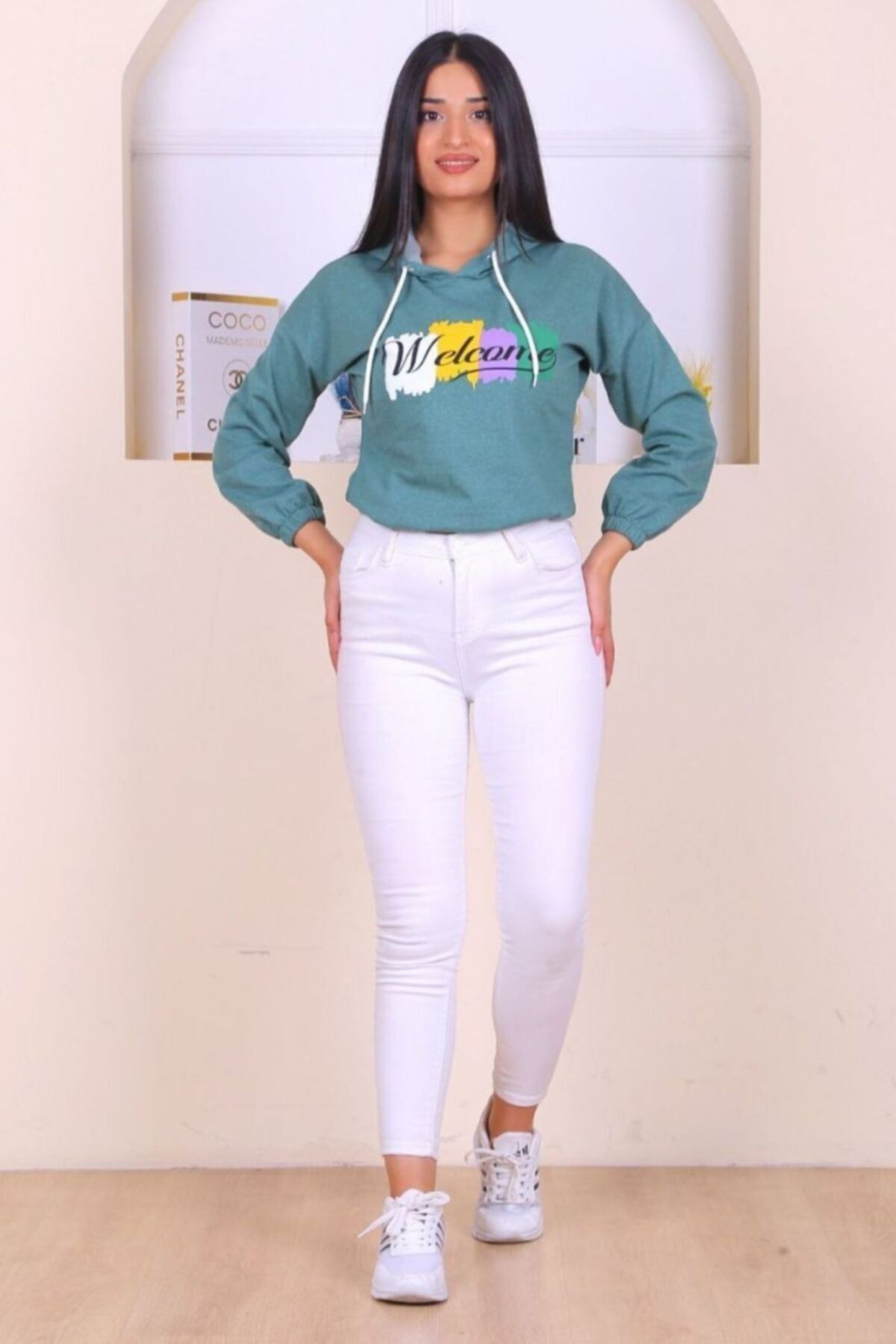 MNS GLOBAL Kapüşonlu Welcome Baskılı Sweatshirt Mint