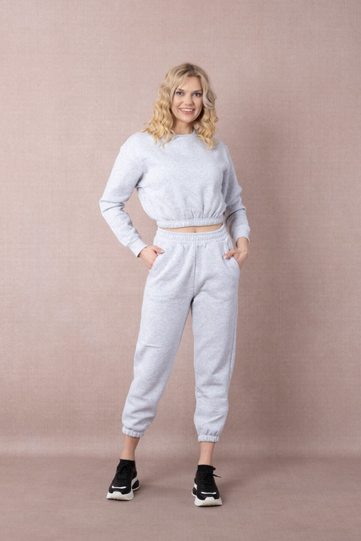 justmoda Kadın 3 Iplik Gri Eşofman Takımı