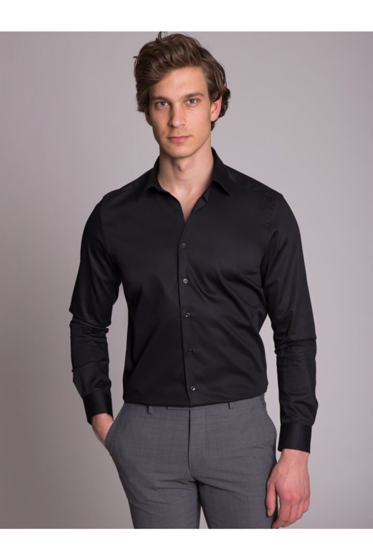 İnan Store Erkek Siyah Slim-Fit/Dar Kesim Klasik Saten Gömlek