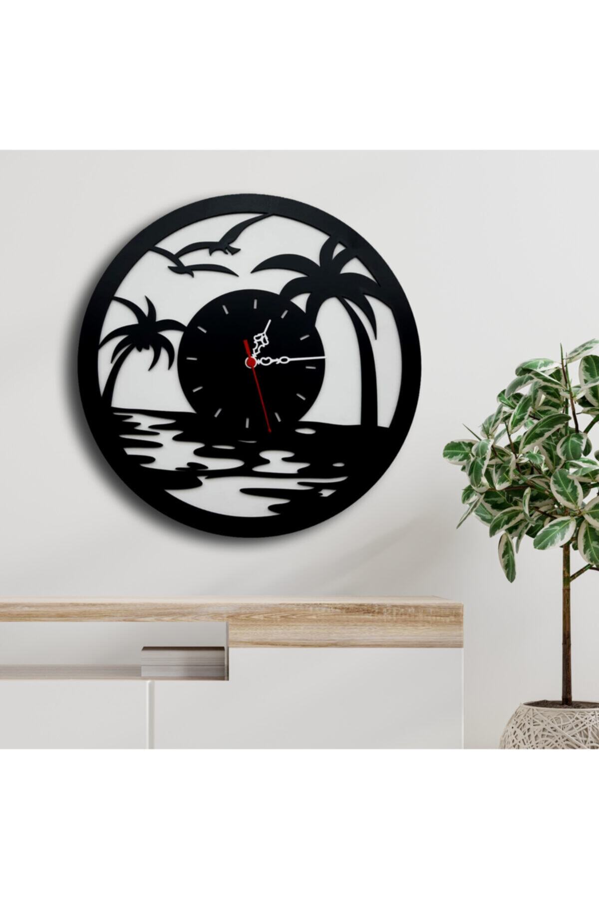Eswa Tasarım Dekoratif Palmiye Ahşap Duvar Saati 40cm Sessiz Mekanizma