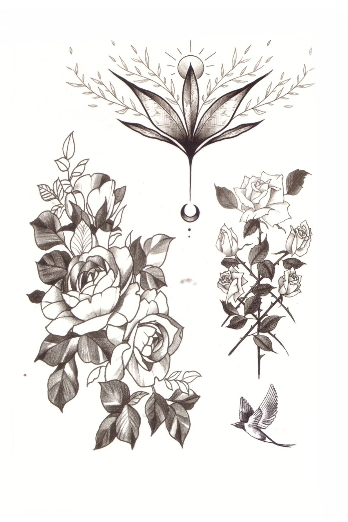 Store&Tattoo Çiçekler ve Kuş Geçici Dövme Orta Boy 21x15 cm