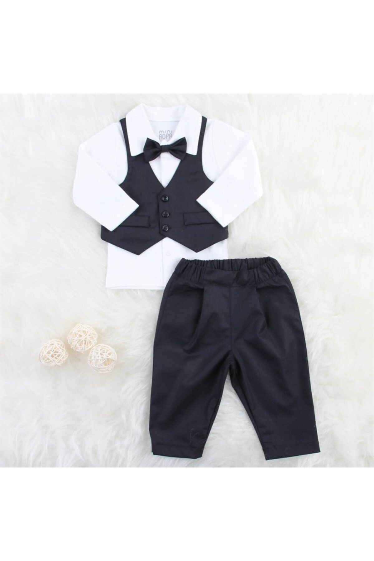 Mini Ropa Miniropa Düz Siyah Papyonlu Yelekli 3'lü Bebek Takımı
