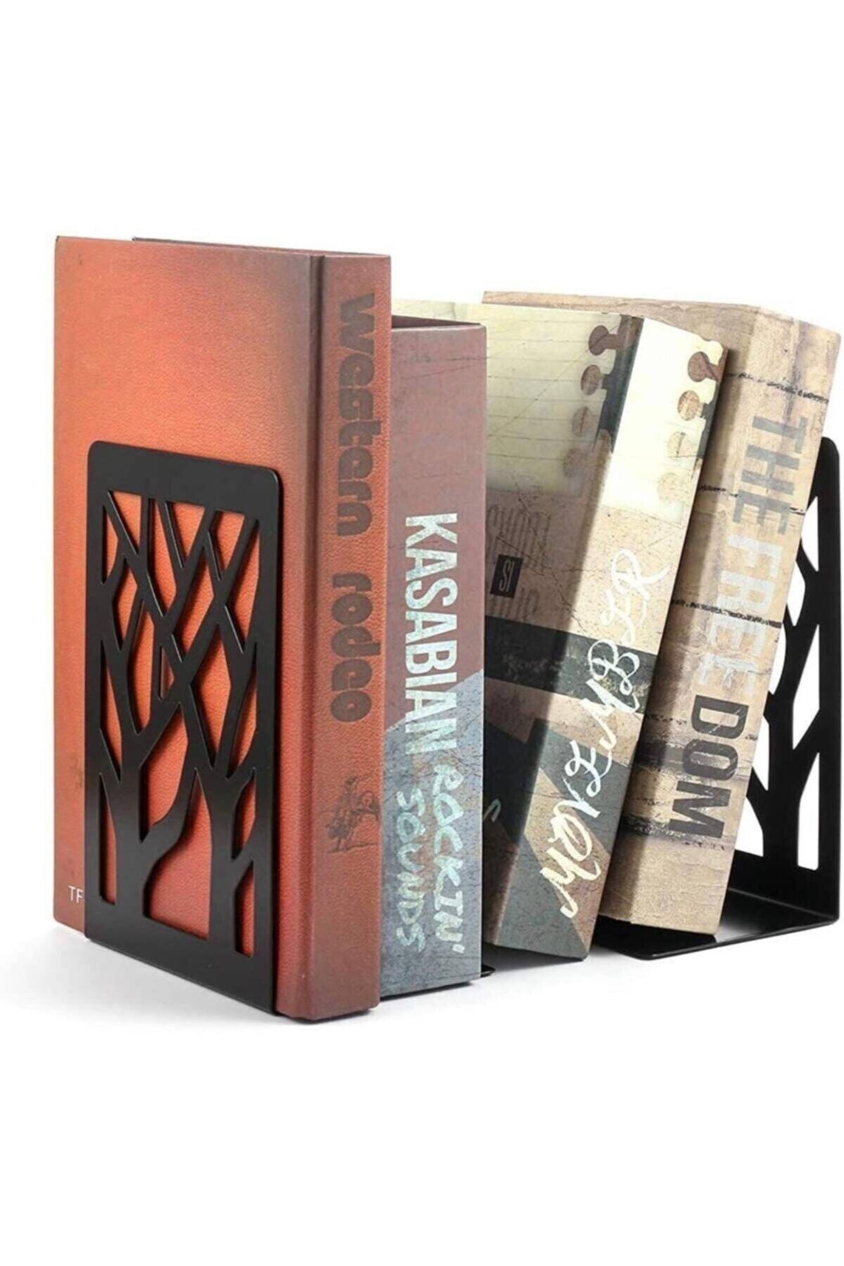 evimobidesign Ağaç Desenli Metal Kitap Desteği Kitap Tutucu Ev Ve Ofis Dekoratif Aksesuar 2'li Set Siyah