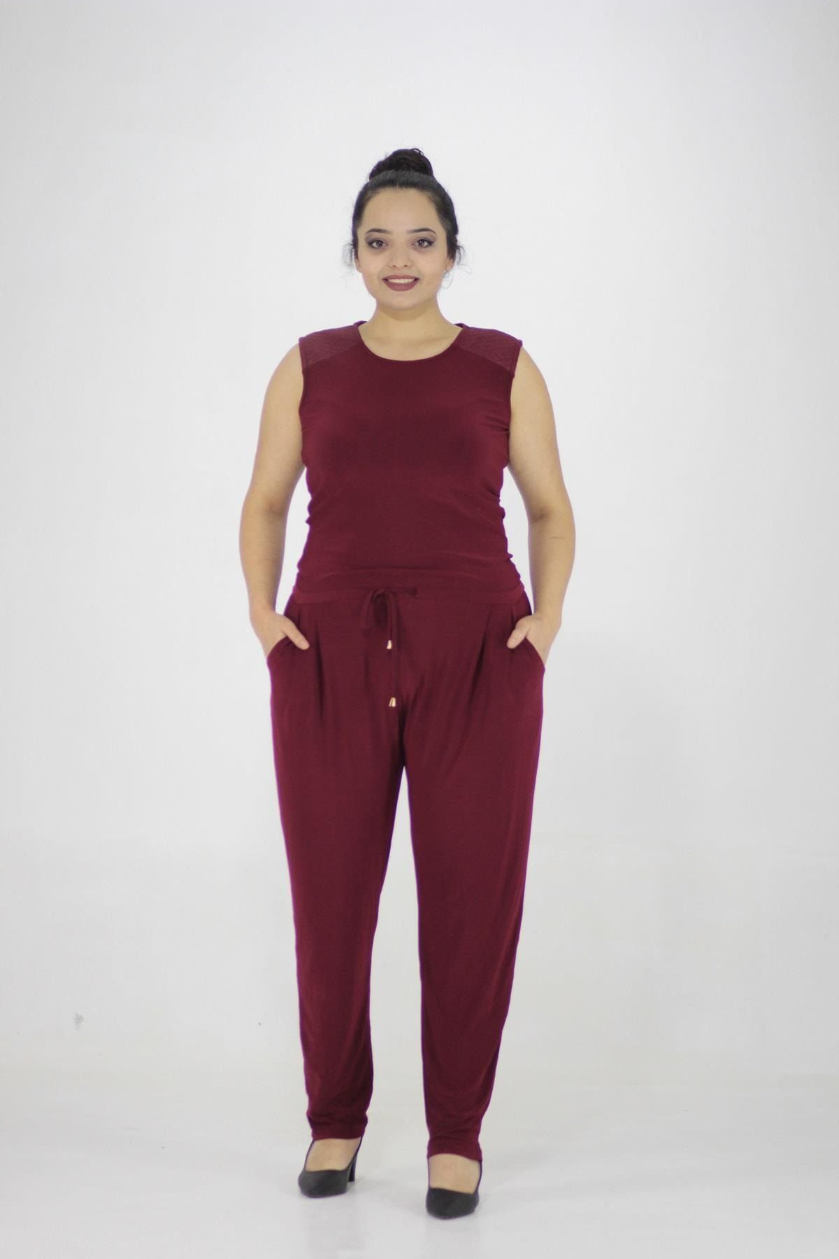 Truva XXL Büyük Beden Kadın Giyim Candy Kumaş Tulum Bordo Tlm141