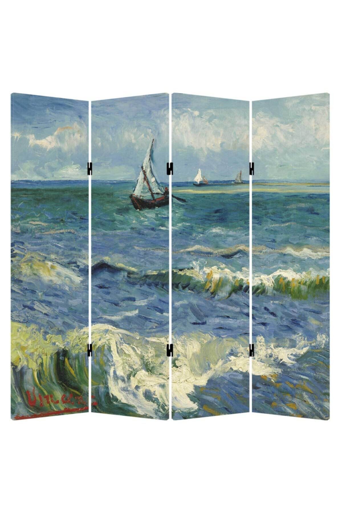 StellaStore Vincent Van Gogh Deniz Manzarası 4 Kanatlı Oda Bölücü Çift Taraflı Kanvas Paravan