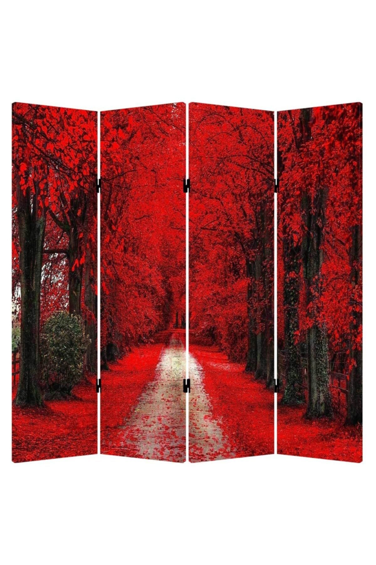 StellaStore Kırmızı Orman 4 Kanatlı Oda Bölücü Çift Taraflı Kanvas Paravan