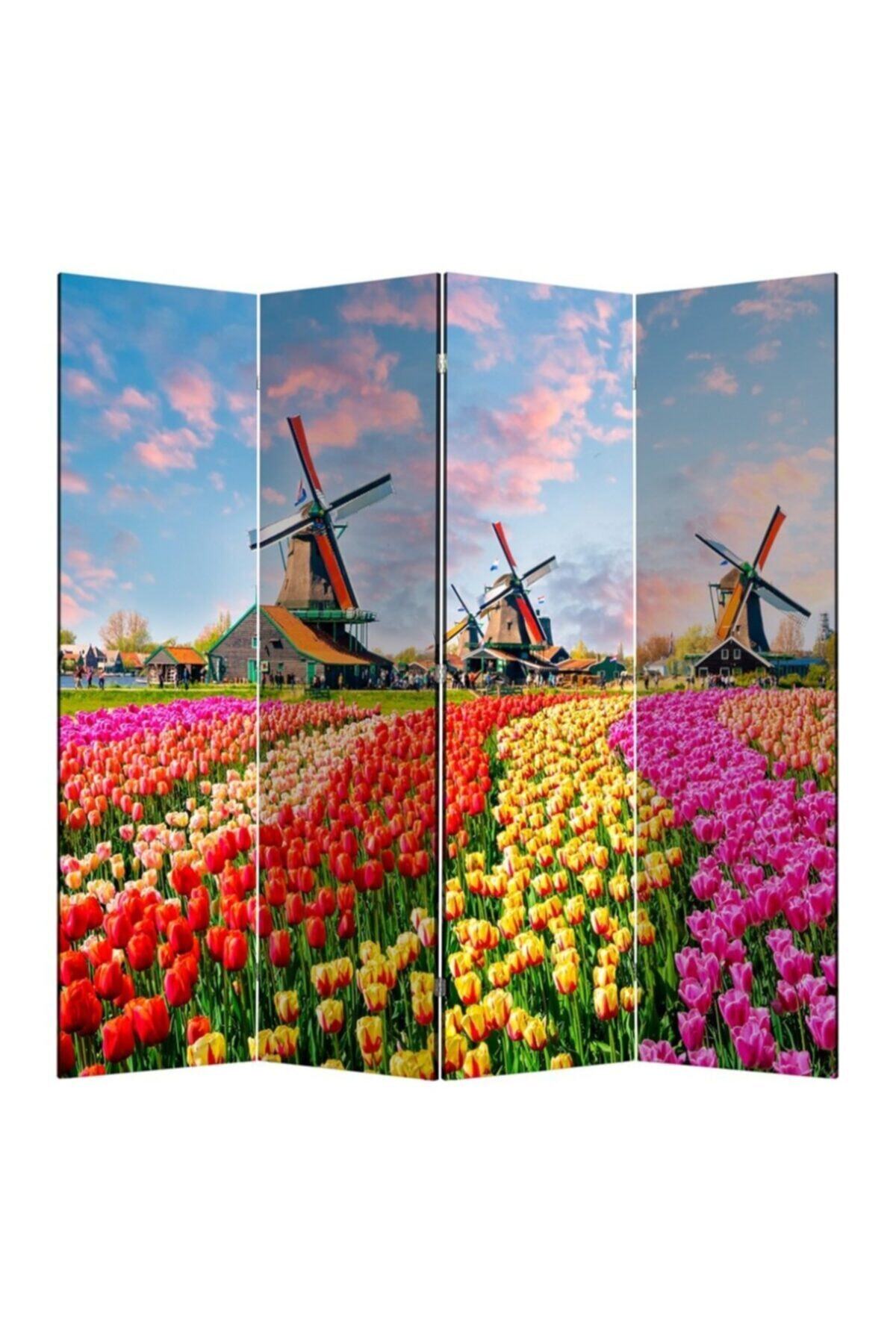StellaStore Değirmen Ve Çiçekli 4 Kanatlı Oda Bölücü Çift Taraflı Kanvas Paravan