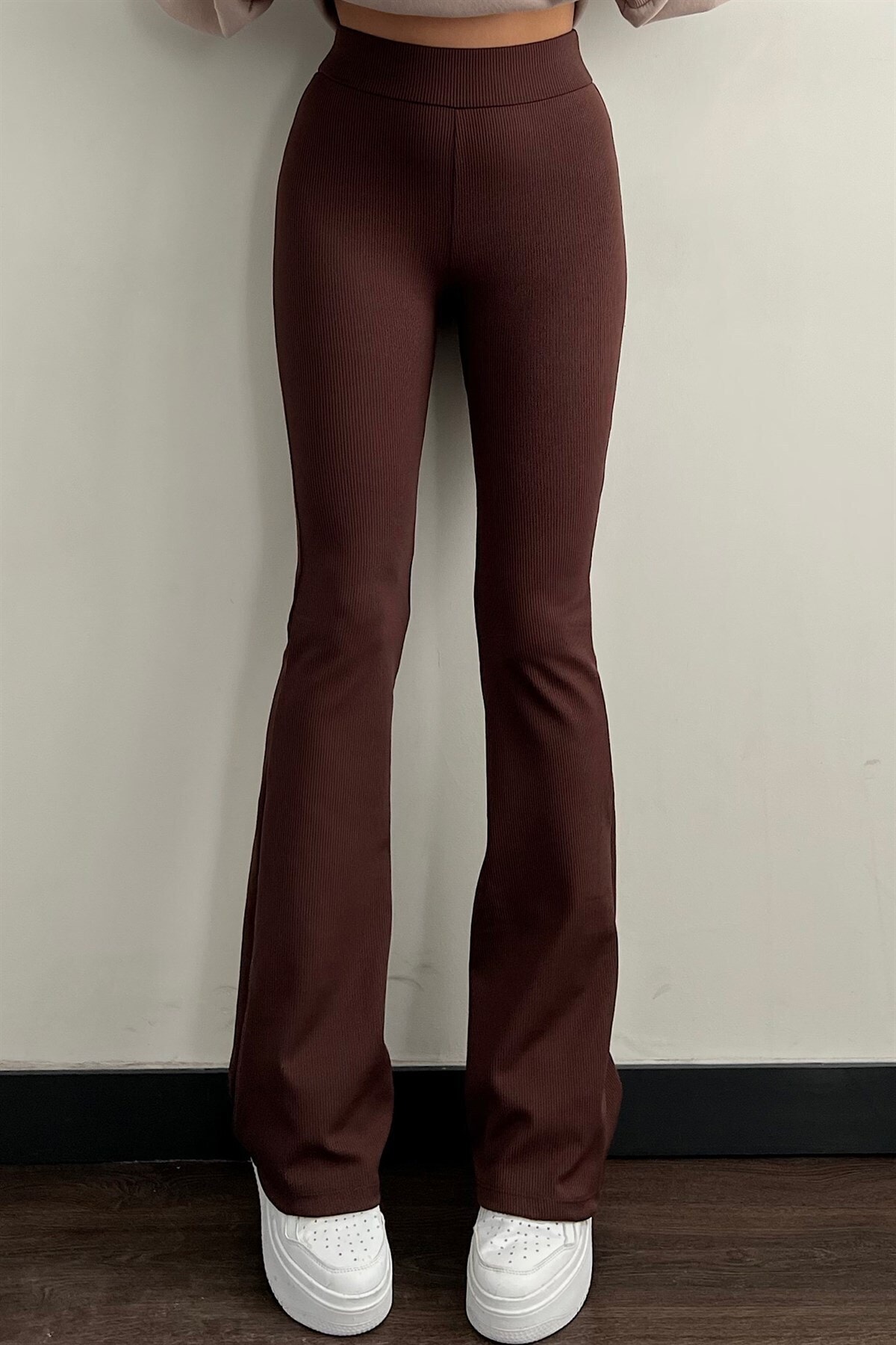 HeraModa Kadın Kahverengi Yüksek Bel Fitilli Ispanyol Paça Tayt