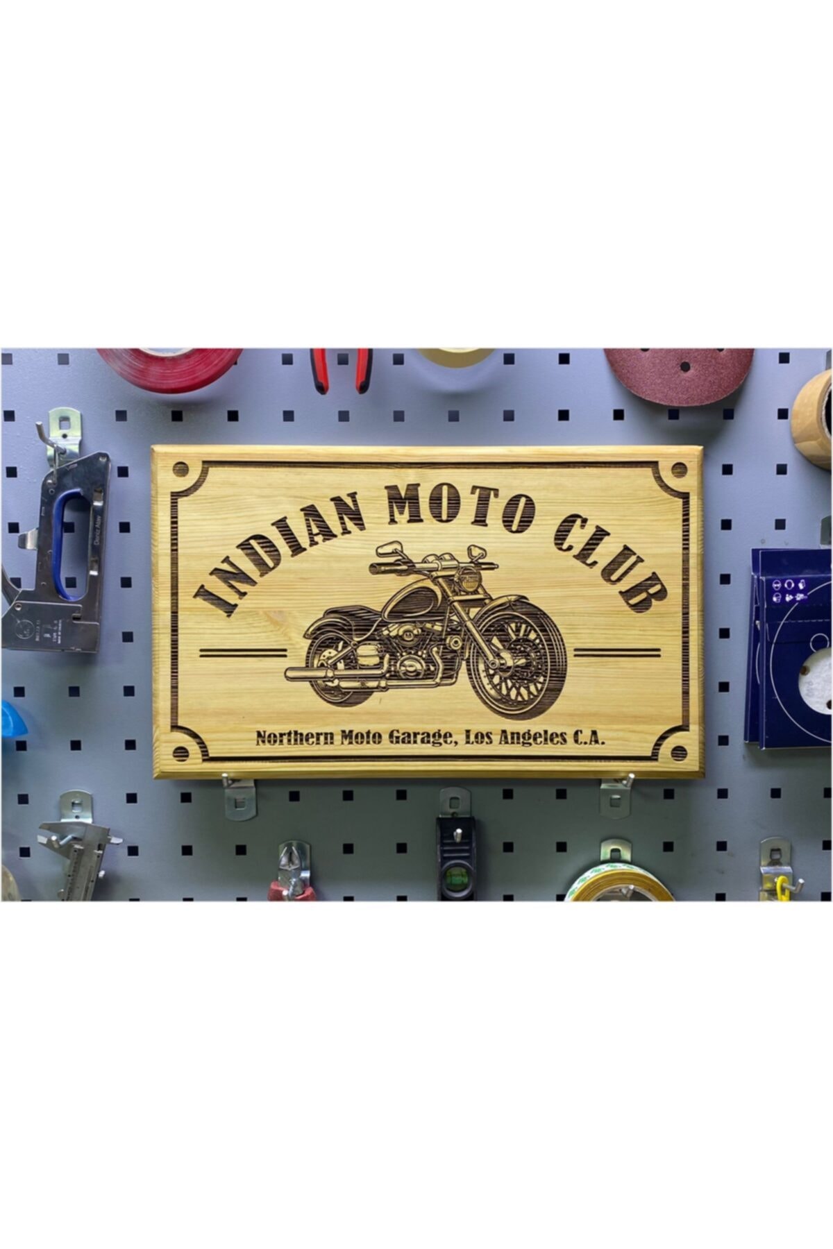 grigrafik Retro Motorsiklet Temalı Dekoratif Lazer Oyma Masif Ahşap Tabela