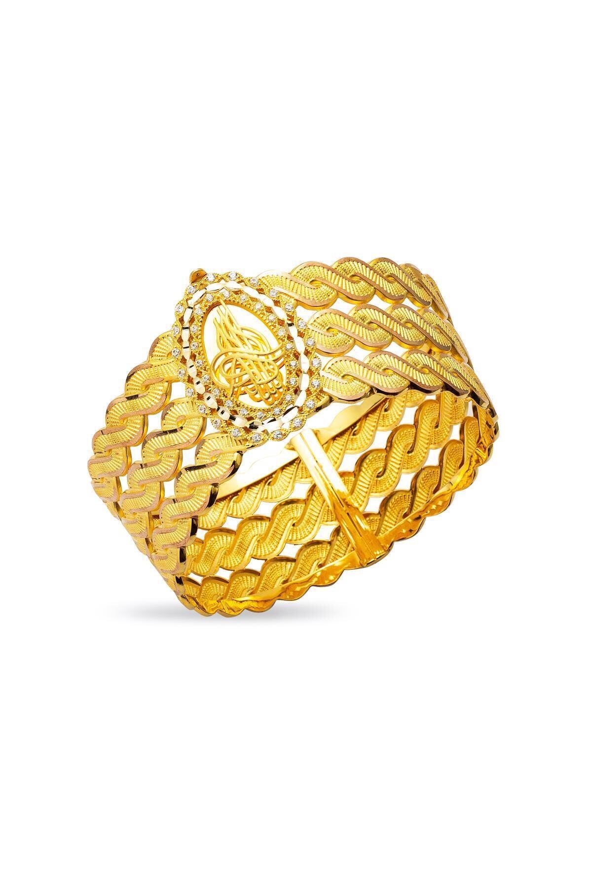 Bilezikci Saç Örgüsü Tuğralı Altın Kelepçe Bilezik