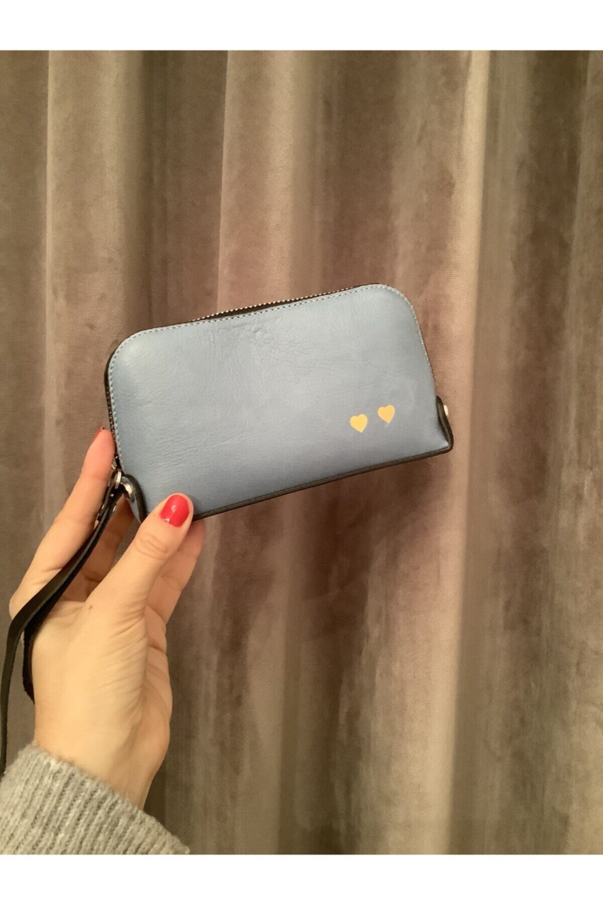 Pinkylola Design Yılbaşı Hediye Alternatifi-bebe Mavi Hakiki Deri Makyaj Çantası Seti 2li ( Kalp Detaylı)