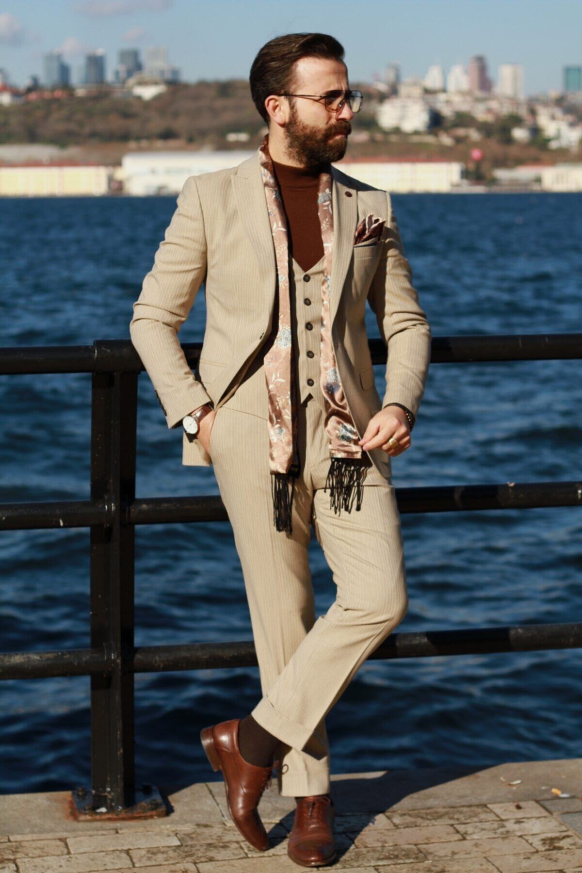 mustafakemalkurtstore Slim Fit Krem Çizgili Takım Elbise Yelekli