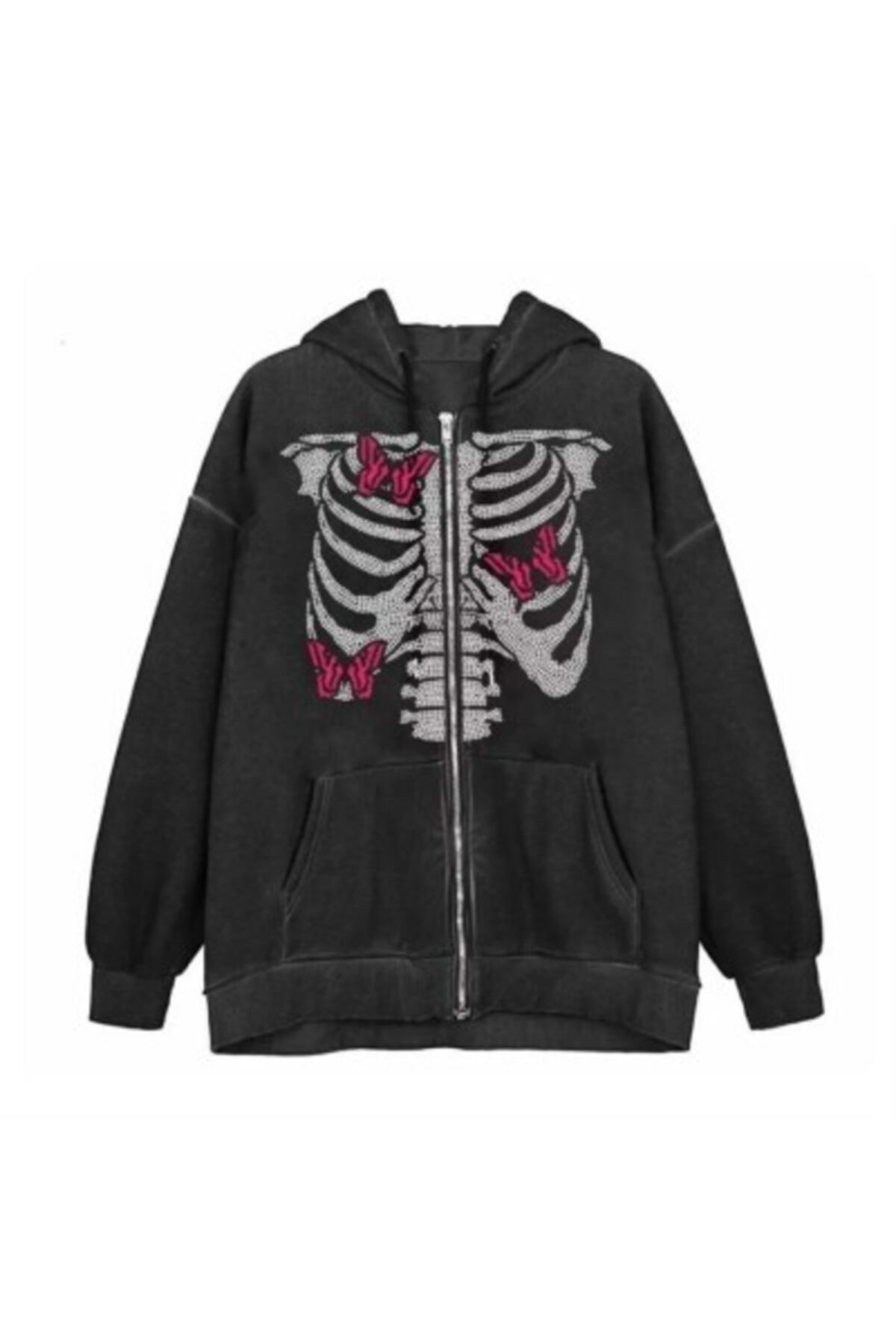 Köstebek Harajuku Skeleton Butterfly Cage  Siyah Kapşonlu Fermuarlı Sweat