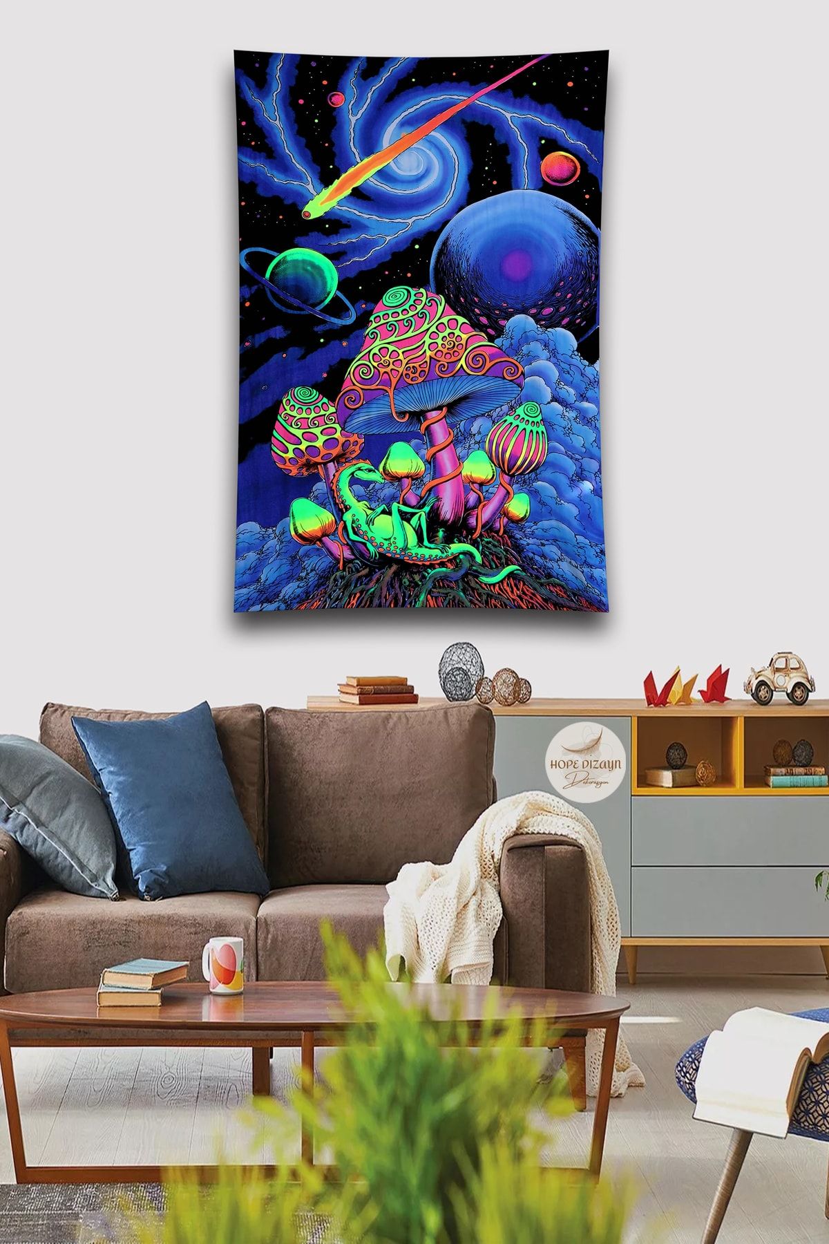 HOPE DİZAYN Psychedelic Neon Mantar Duvar Örtüsü Halısı