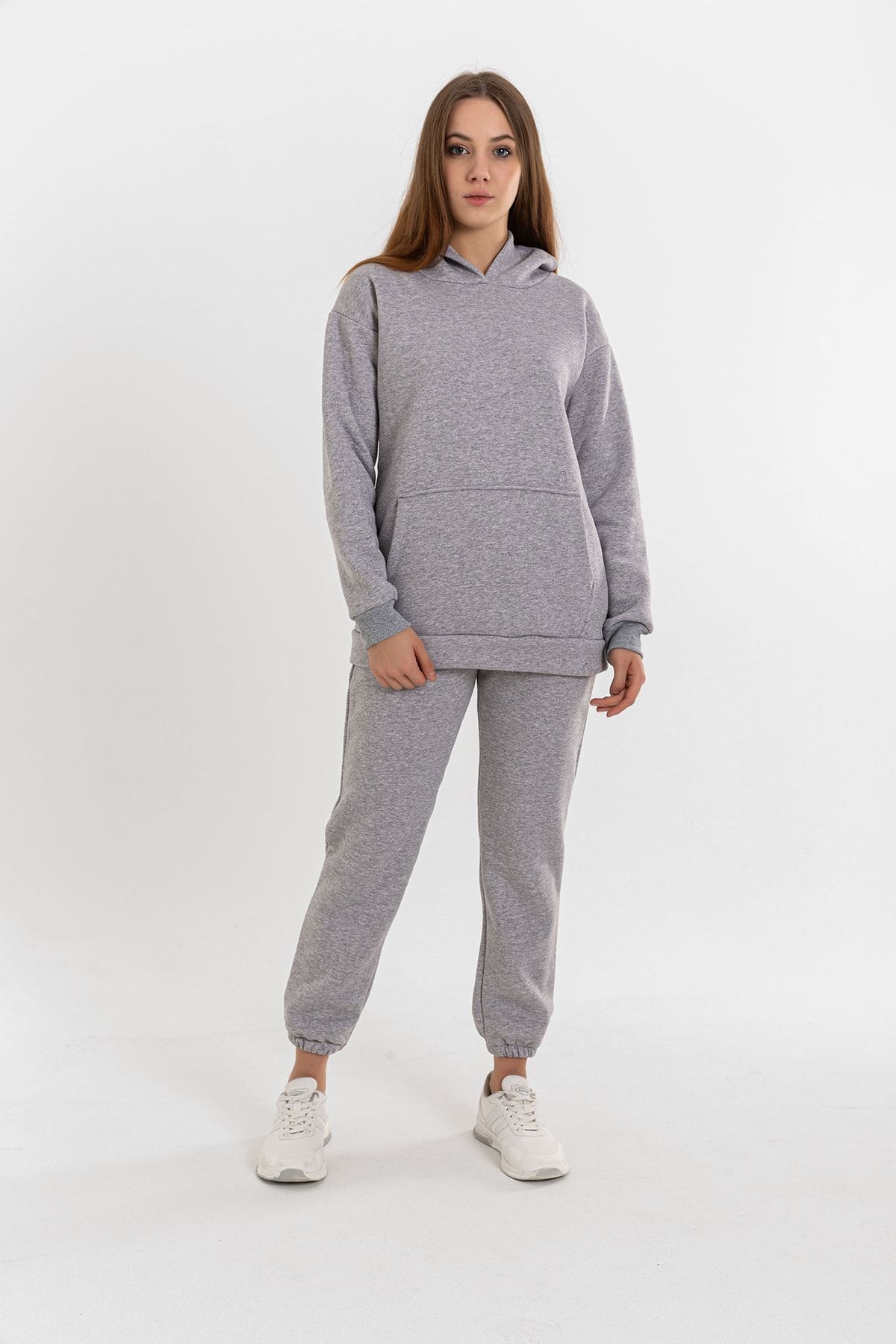 LC LACASE Kadın Unisex Kapüşonlu Gri 3 Iplik Oversize Eşofman Takımı