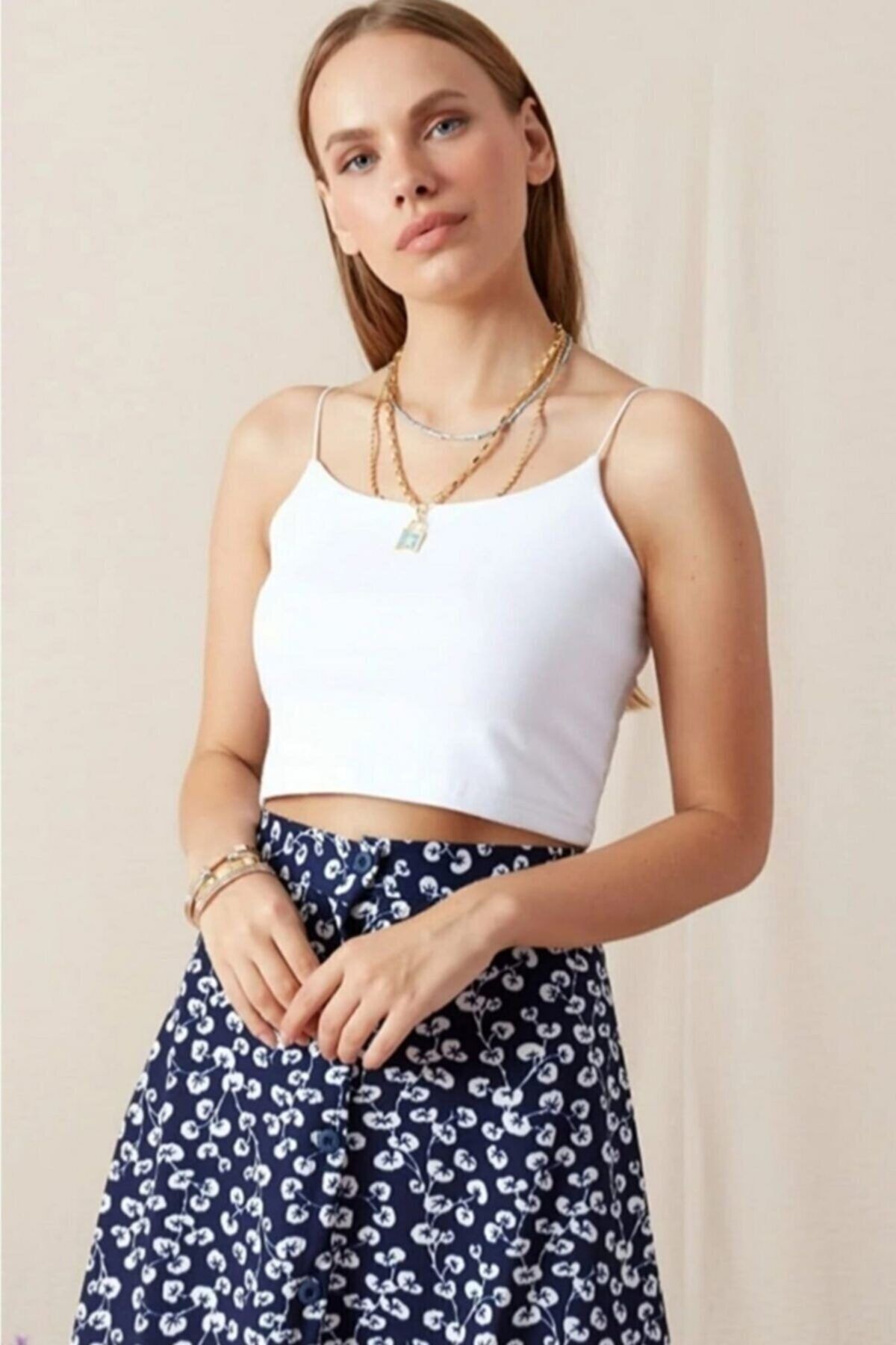 MaryCan Beyaz Ip Askılı Crop Top Bluz