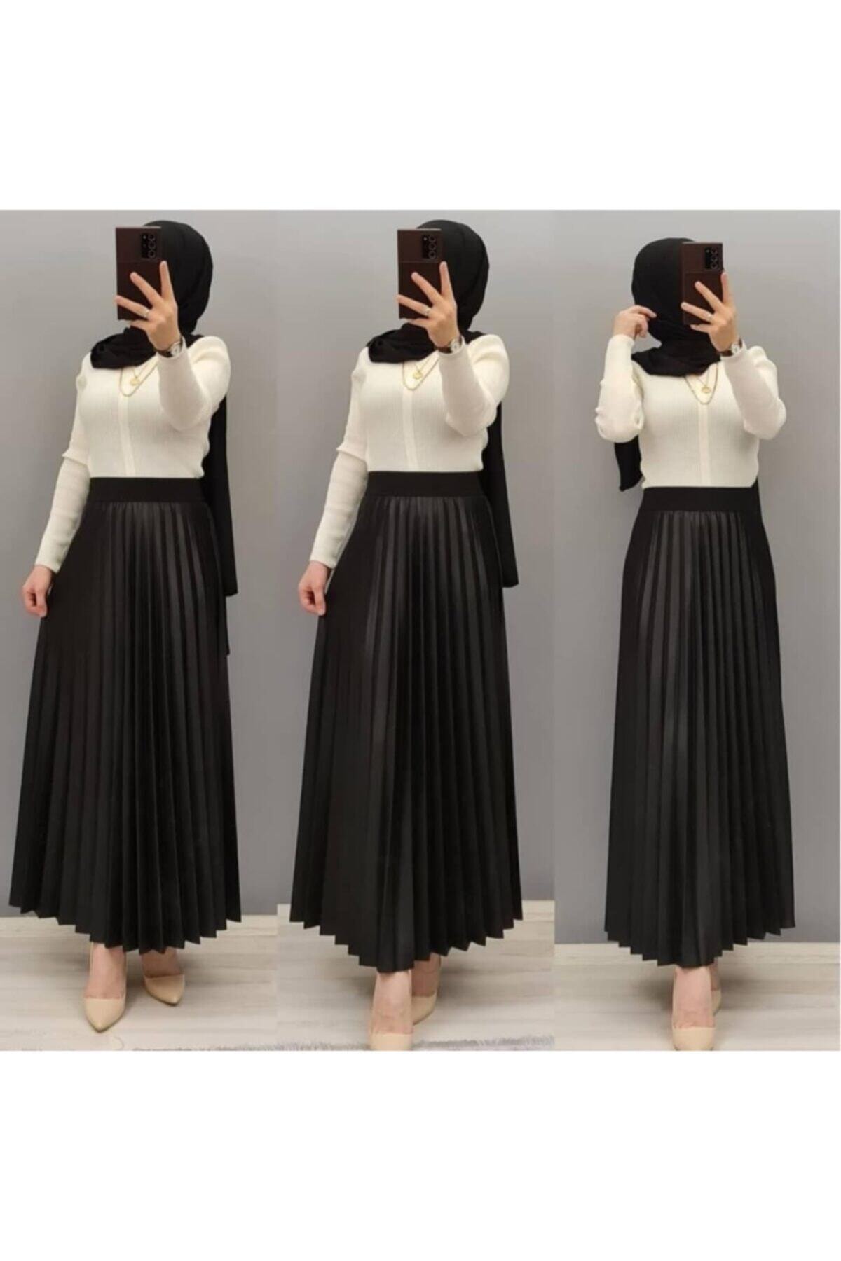 Tebessüm Life Beli Lastikli Deri Görünümlü Siyah Etek