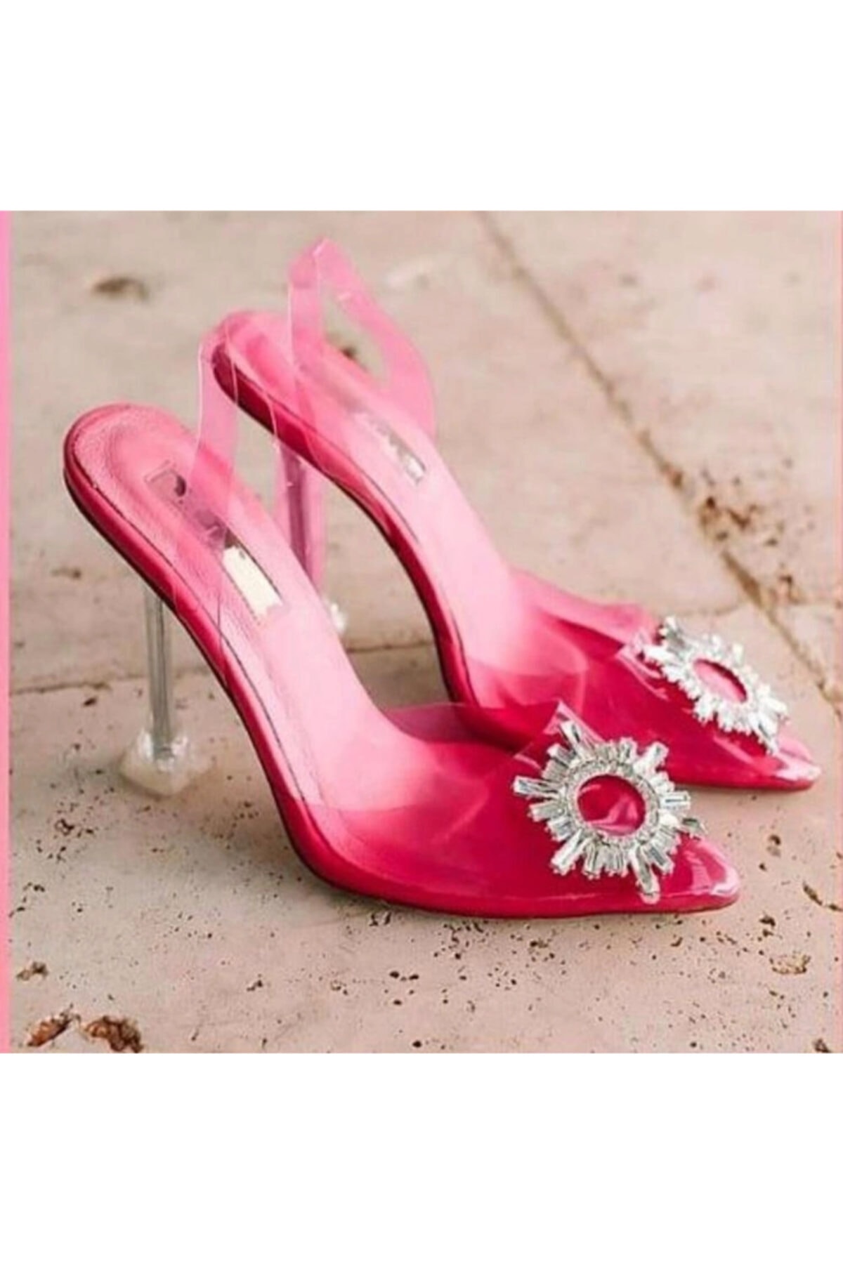 Pappuccino Stiletto Şeffaf Kristal Taşlı Fuşya Cindy