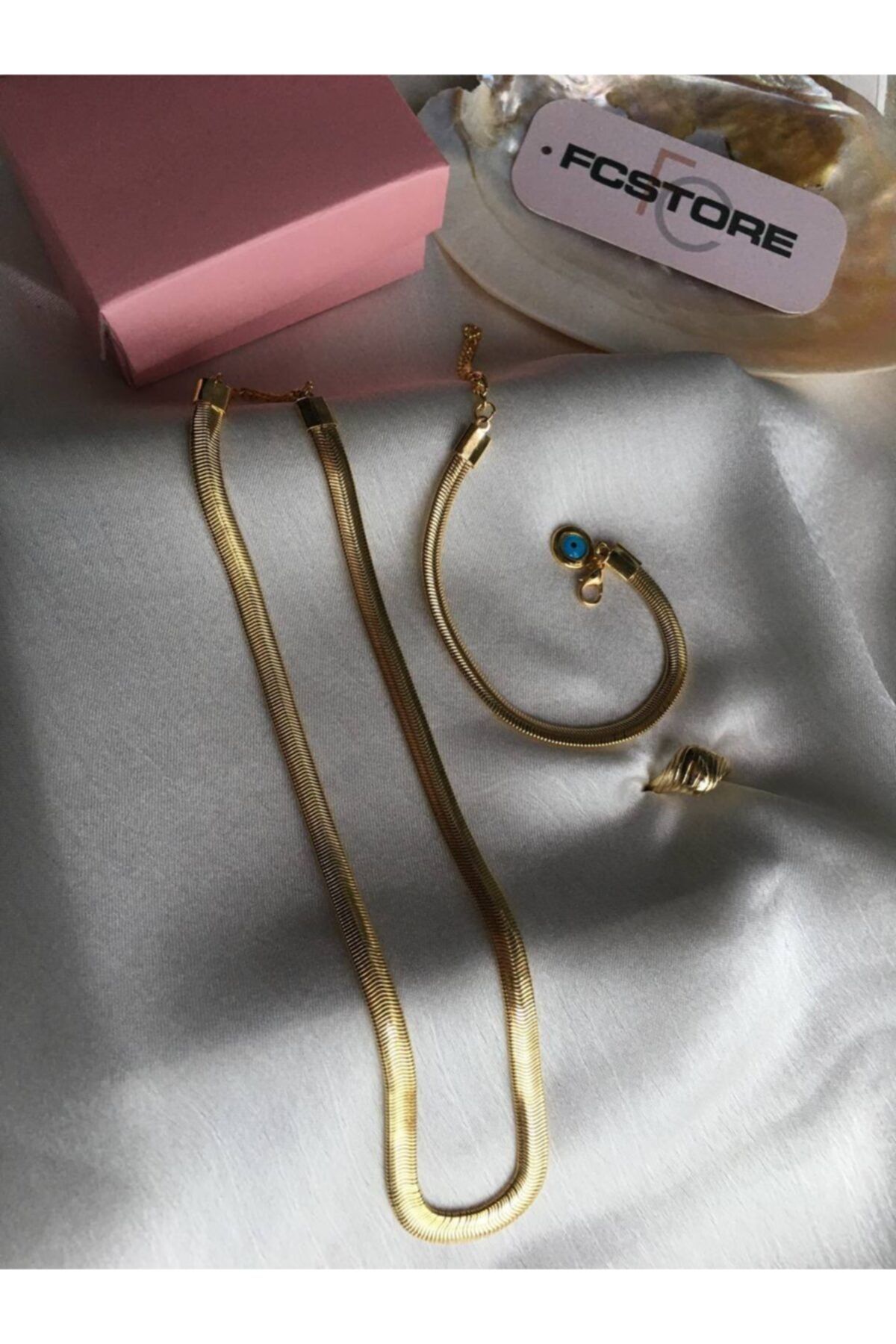 DUOMİNO Nazar Boncuklu İtalyan Zinciri Gold Kolye ve Bileklik Takımı