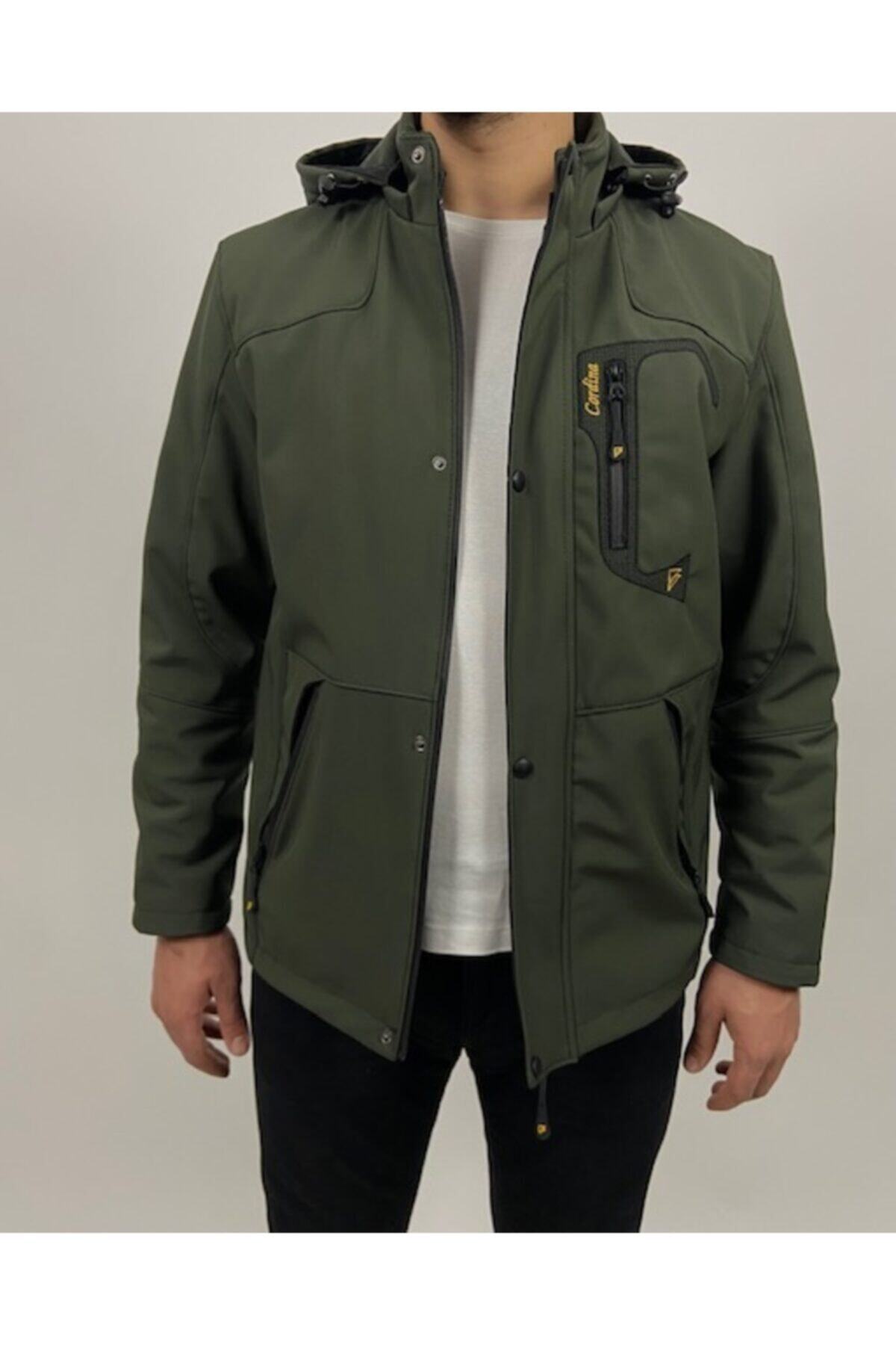 TEKİN'S FASHİON Erkek Haki Su Ve Rüzgar Geçirmez İçi Kürklü Cep Detaylı Kapüşonlu Softshell Mont