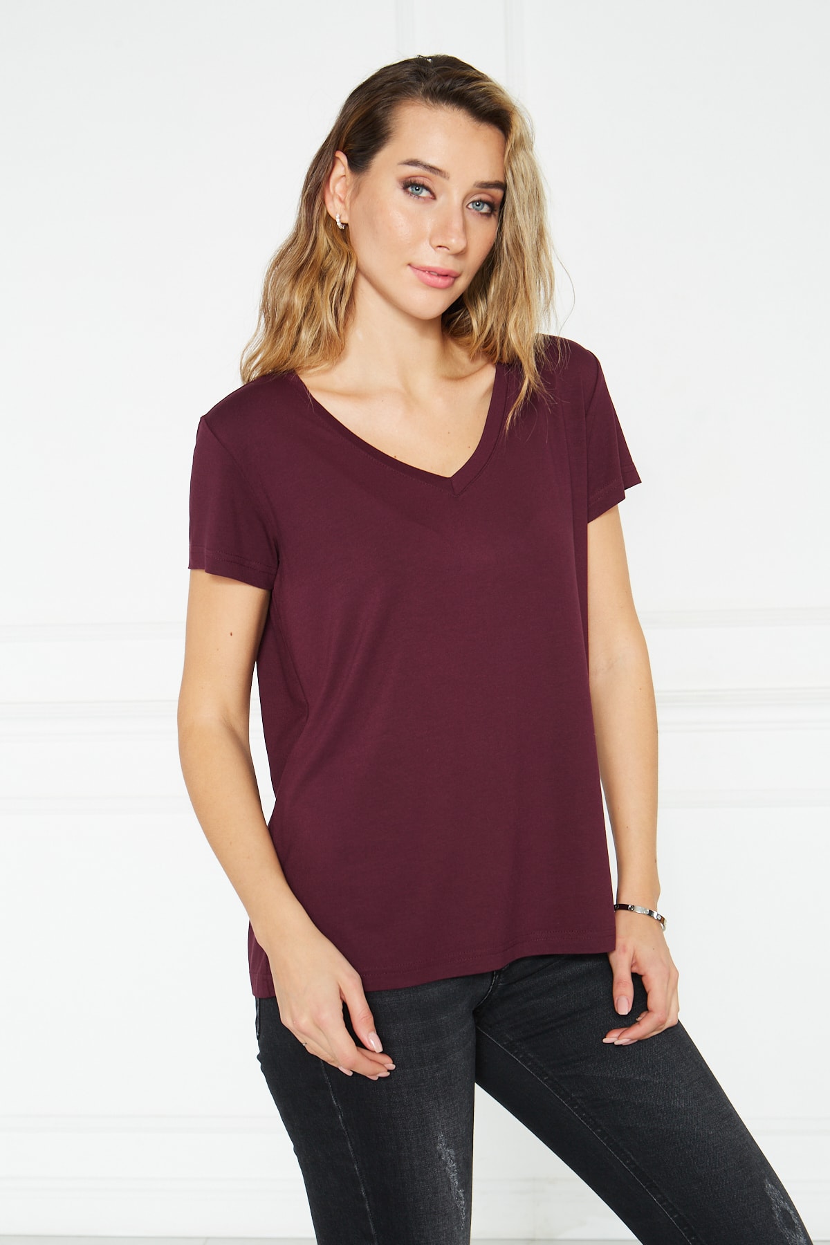 Bediss Bordo Viskon V Yaka Kısa Kollu Basic T-shirt