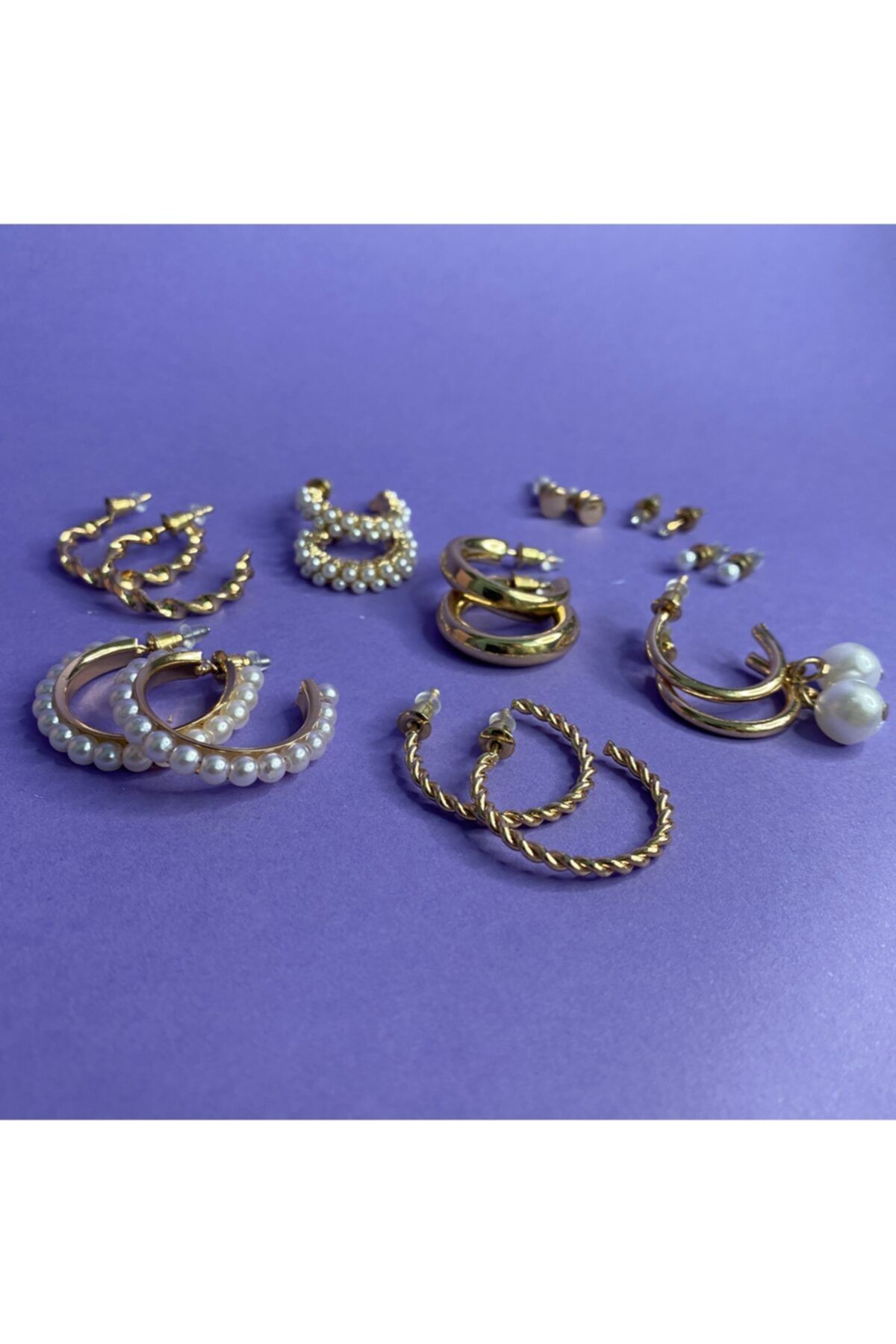 Le Petite Lalique 9 Çift Gold Halka Ve Inci Boncuklu Küpe Seti