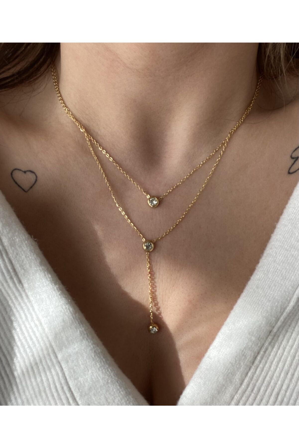 vi store vi jewelry Çelik 3 Taş Y Zincir Kolye