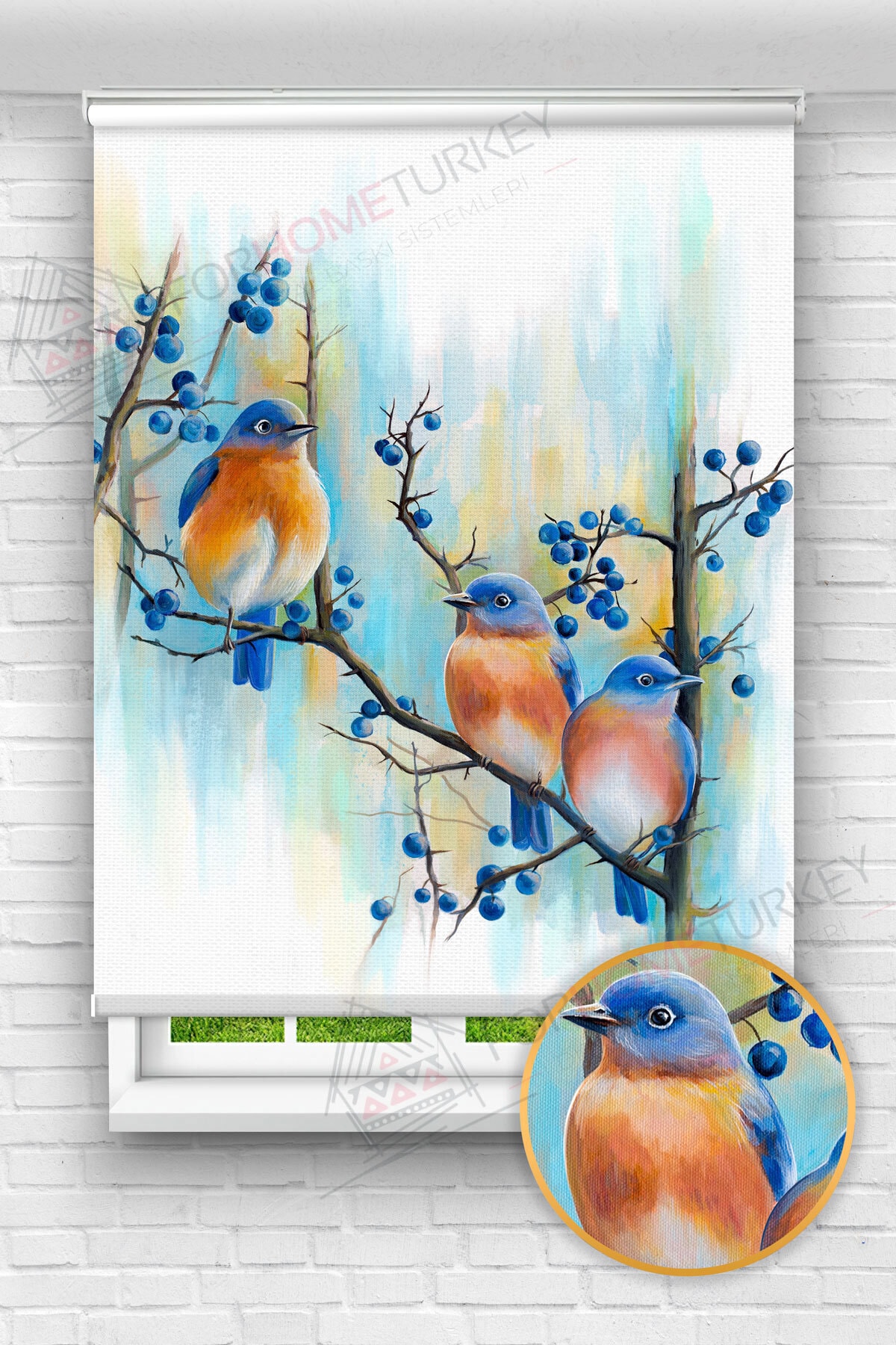 For Home Turkey Mavili Kuşlar Baskılı Stor Perde - Mutfak Ve Oturma Odası Baskılı Stor Perde