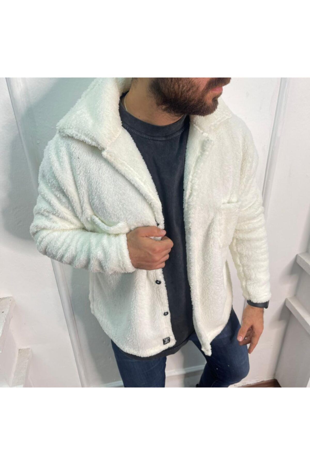 OZSAR Erkek, Beyaz, Peluş Ceket