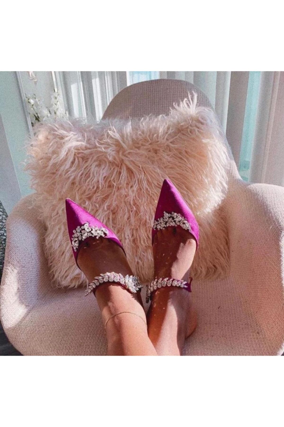 Pappuccino Stiletto Bant Kısmı Taşlı Pembe Ashley