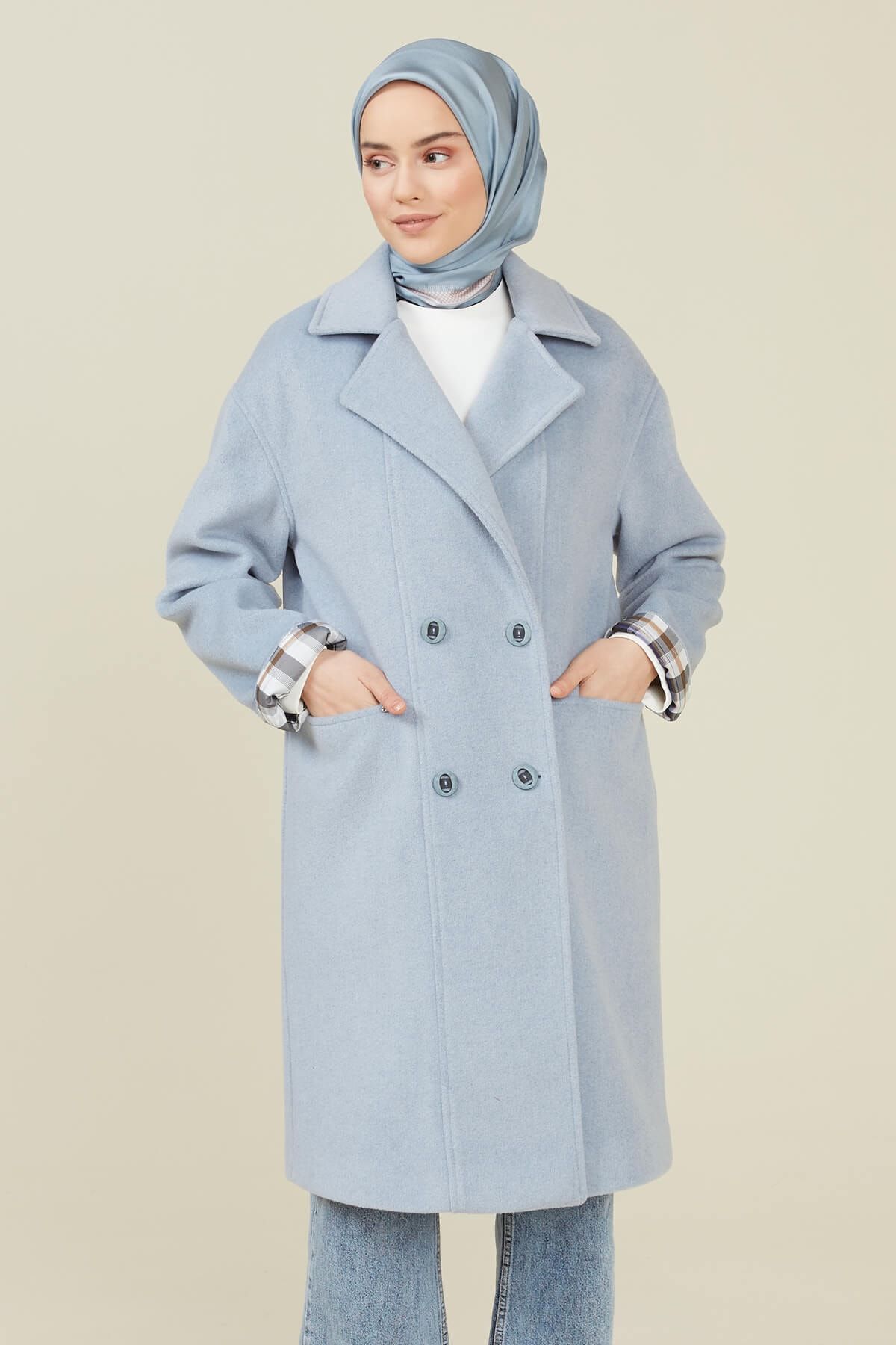 Setrms Mavi Oversize Düğme Kapamalı Kaşe Kaban 2213040