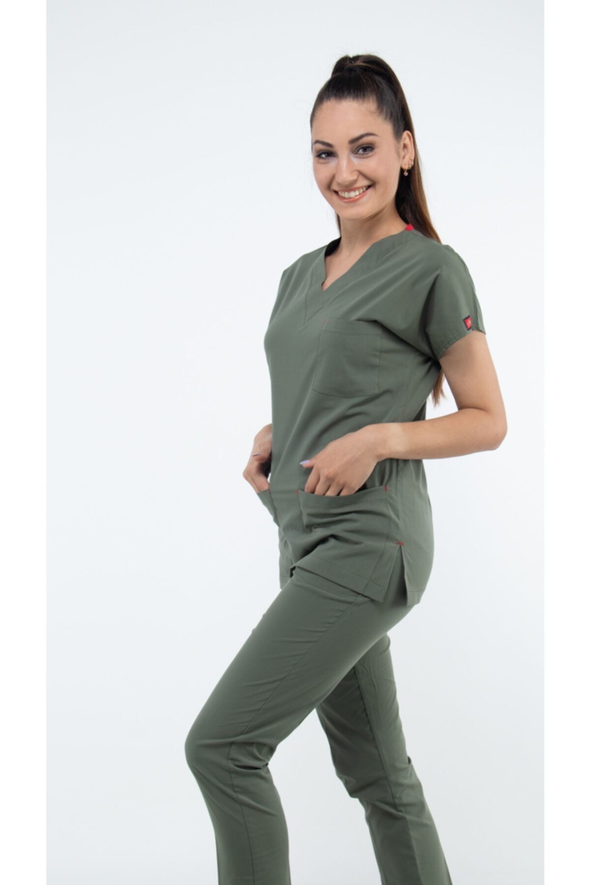Uçak Medikal Zeytin Yeşili U-flex Likralı Doktor Hemşire Forma Cerrahi Takım