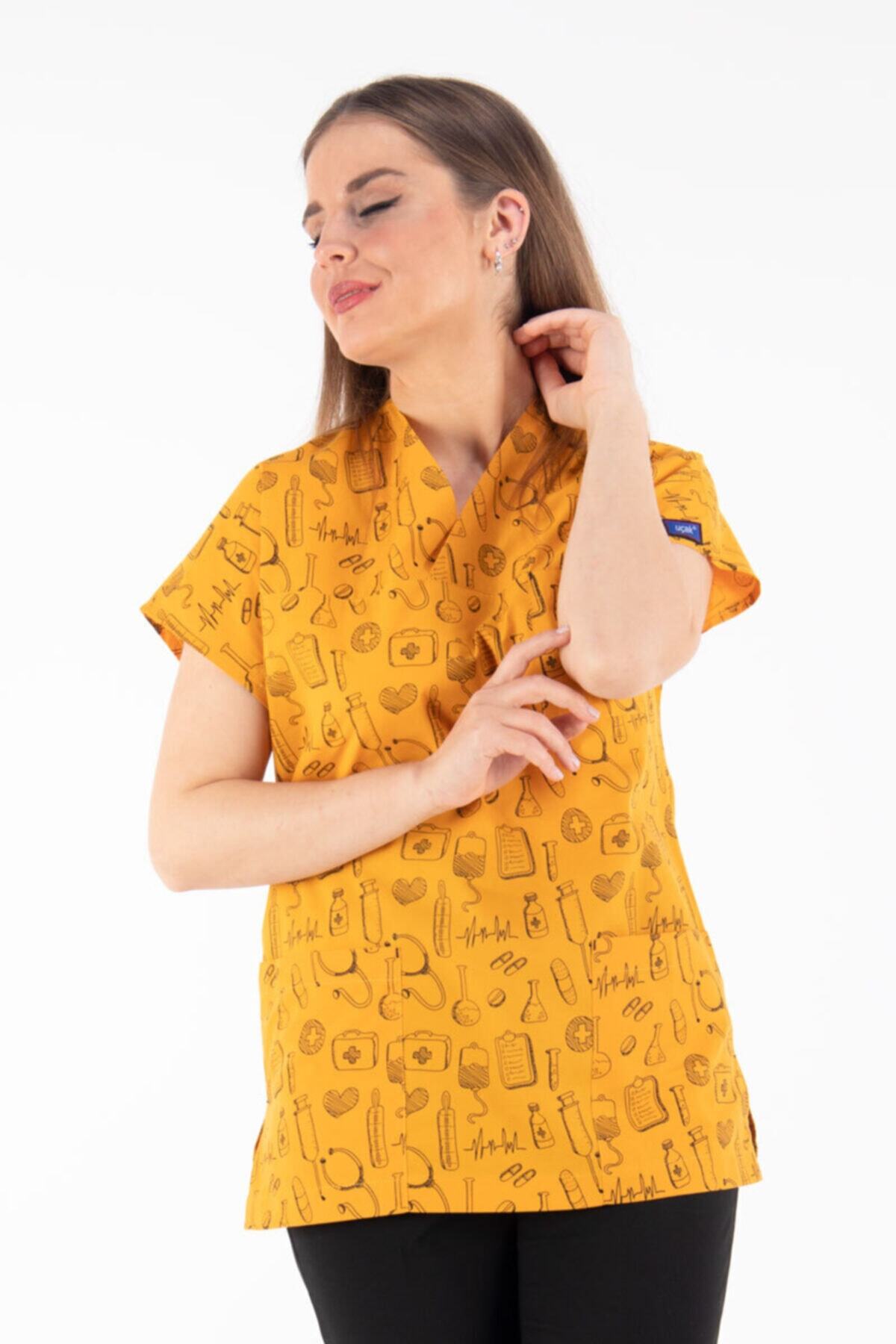 Uçak Medikal Unisex - Medikal Sembol - Sarı Desenli Yarasakol Tek Üst