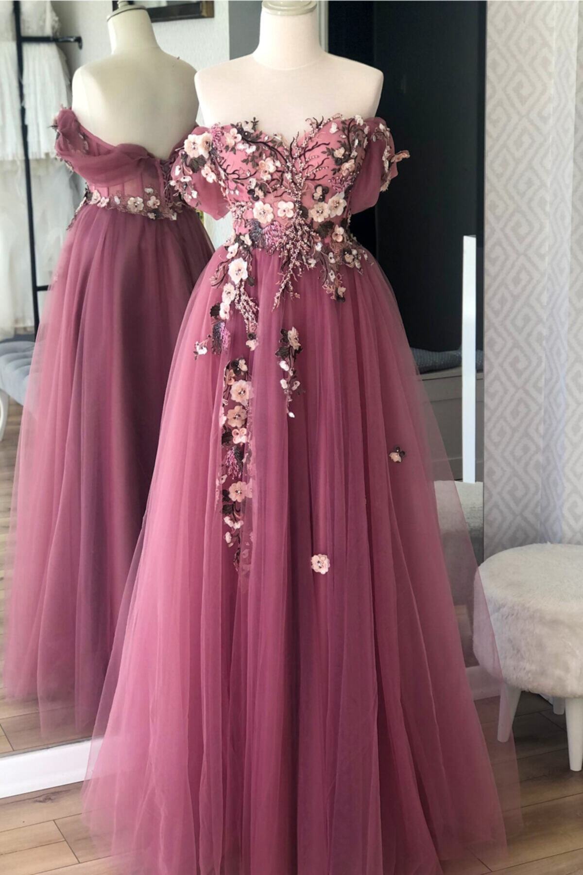 Lenta Moda Gül Kurusu Rengi Üç Boyutlu Dantelli Abiye gece Elbisesi