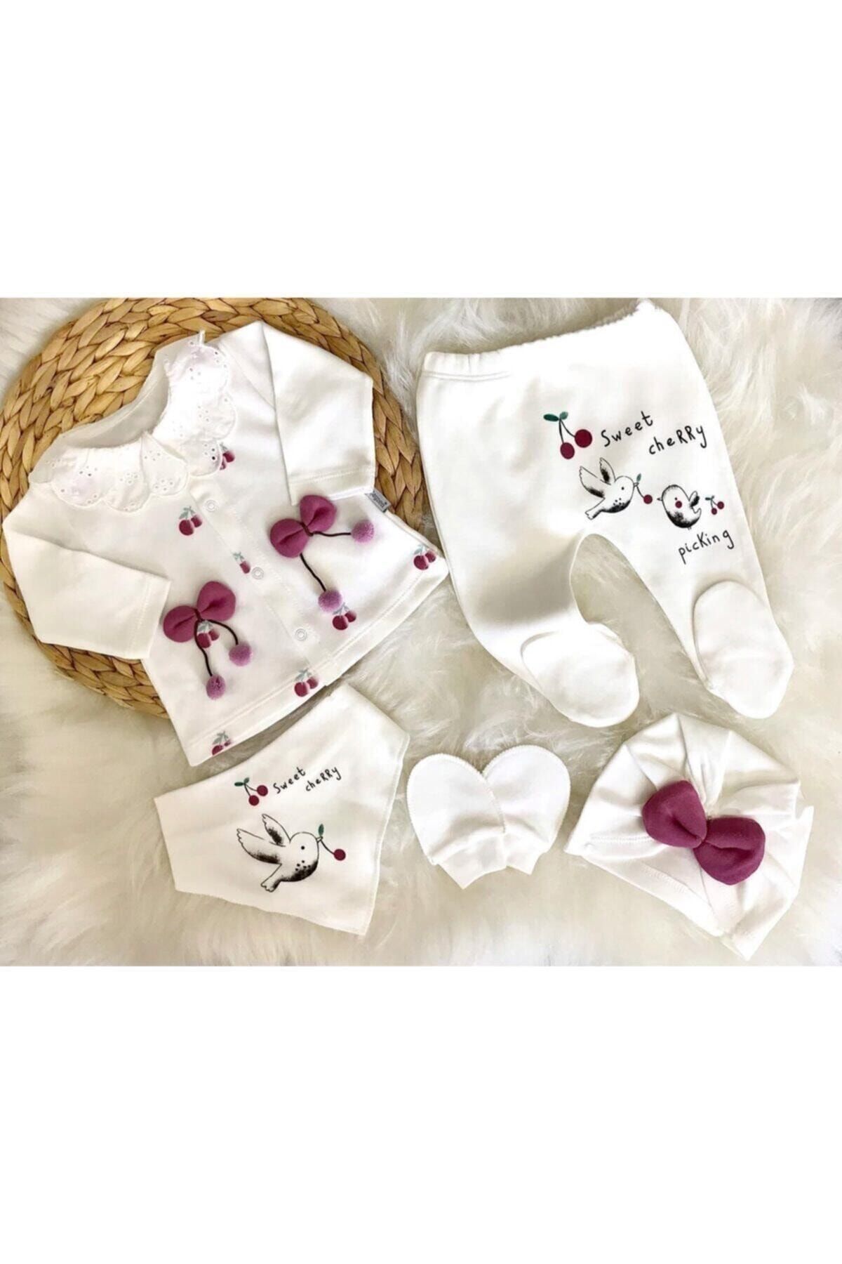 E&E Collection Kız Bebek Beyaz Dantelli Kiraz Desenli Hastane Çıkışı