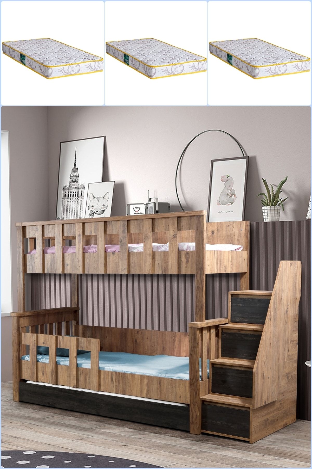 Setay Ranza, Diva Mdf Profil Ranza, Diva Merdivenli Ayrılabilir 3 Lü Ranza + 3 Adet Comfort Yatak