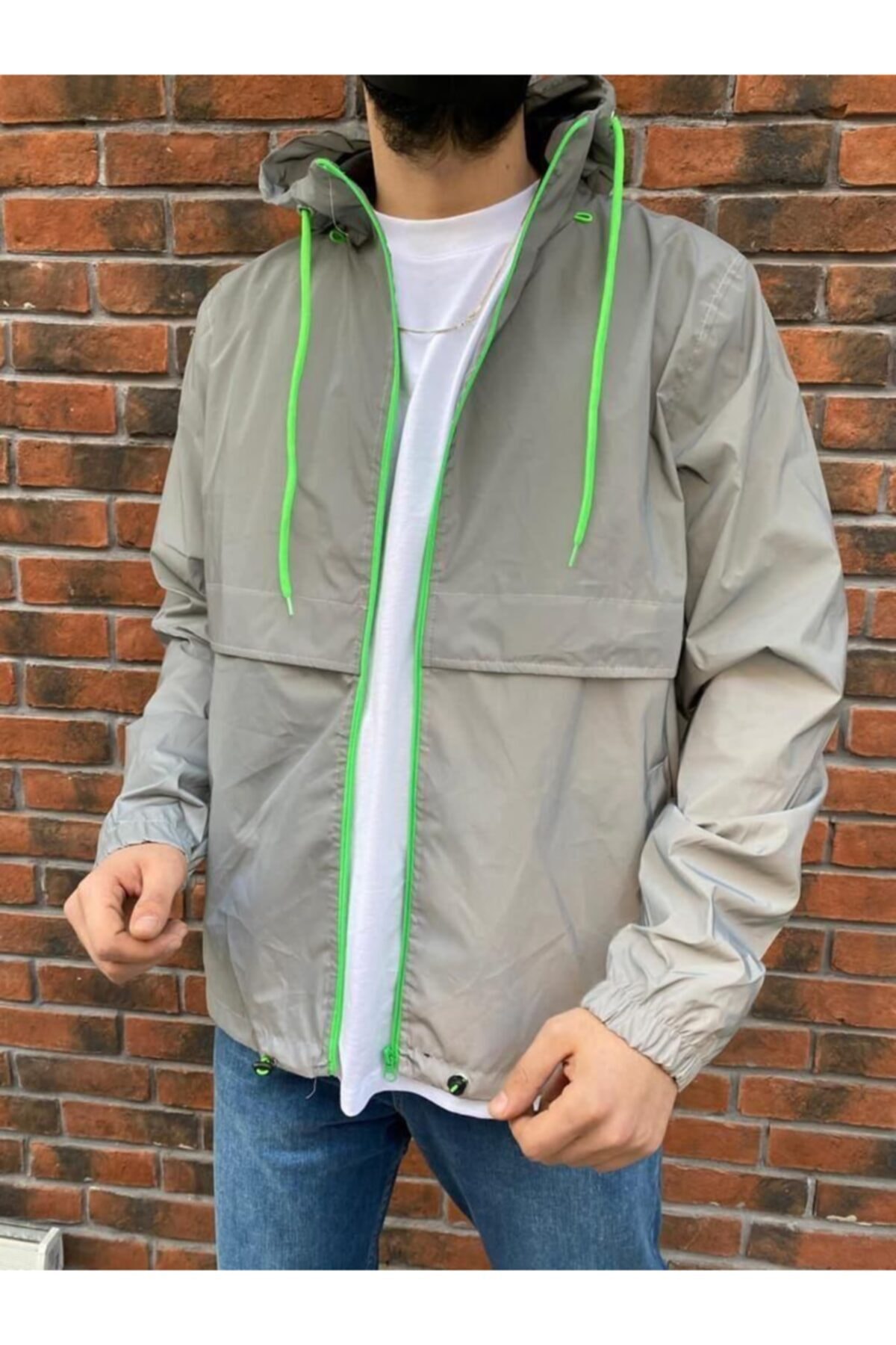 LA BOUM Erkek Gri Kapuşonlu Reflektör Kumaşlı Su Itici Yağmurluk