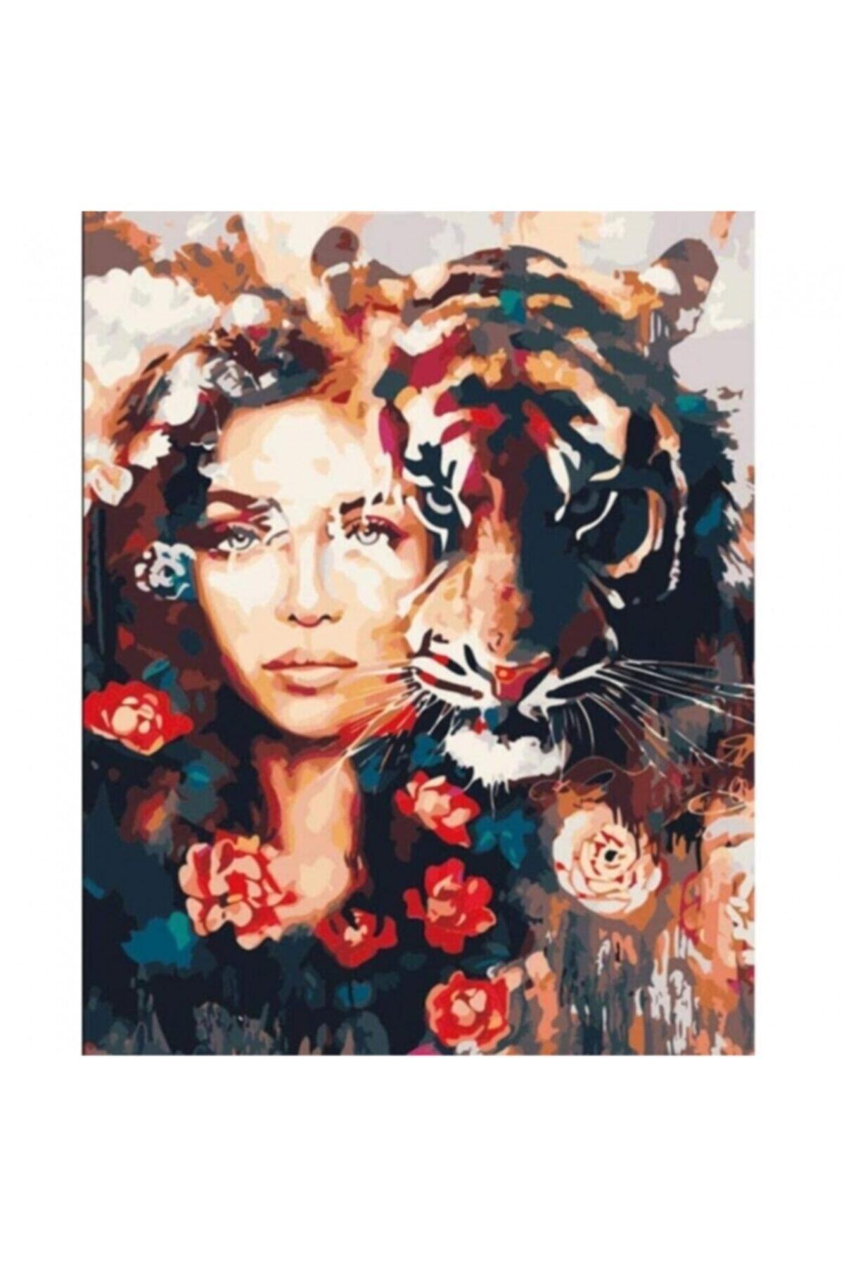 Fupe Shop Kadın Ve Kaplan Sevgisi Sayılarla Boyama Seti Kasnaklı 90 X 110 Cm