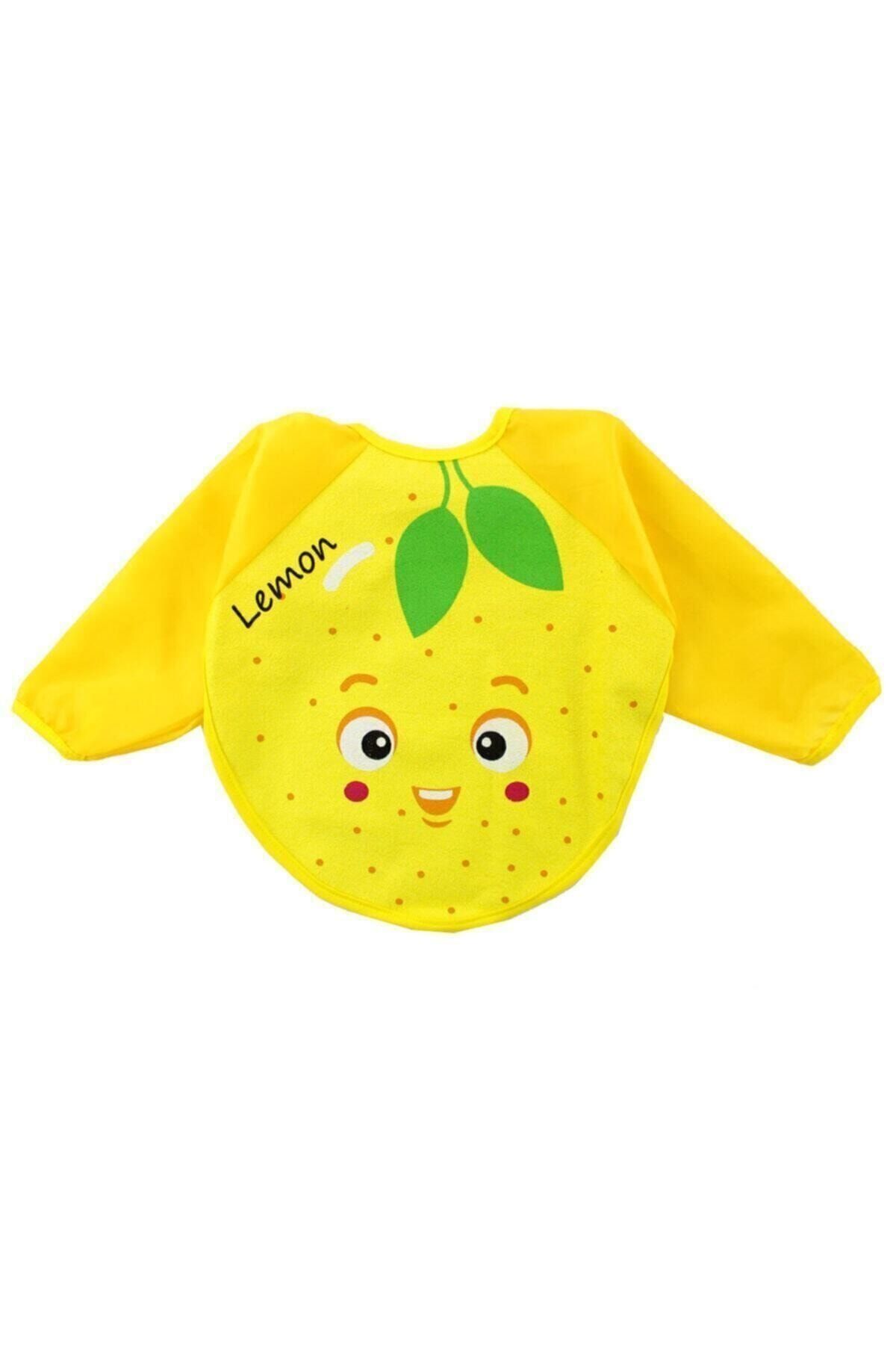 Kids Buude Unisex Bebek Sarı Limon Motif Kollu Bebek Mama Önlüğü